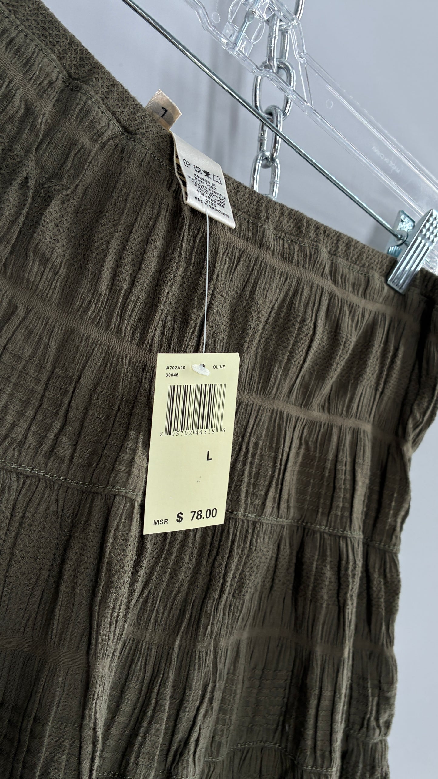 Deadstock Vintage FILENES BASEMENT Army Green Tiered Crimped Cotton Micro Mini Skirt (Large)