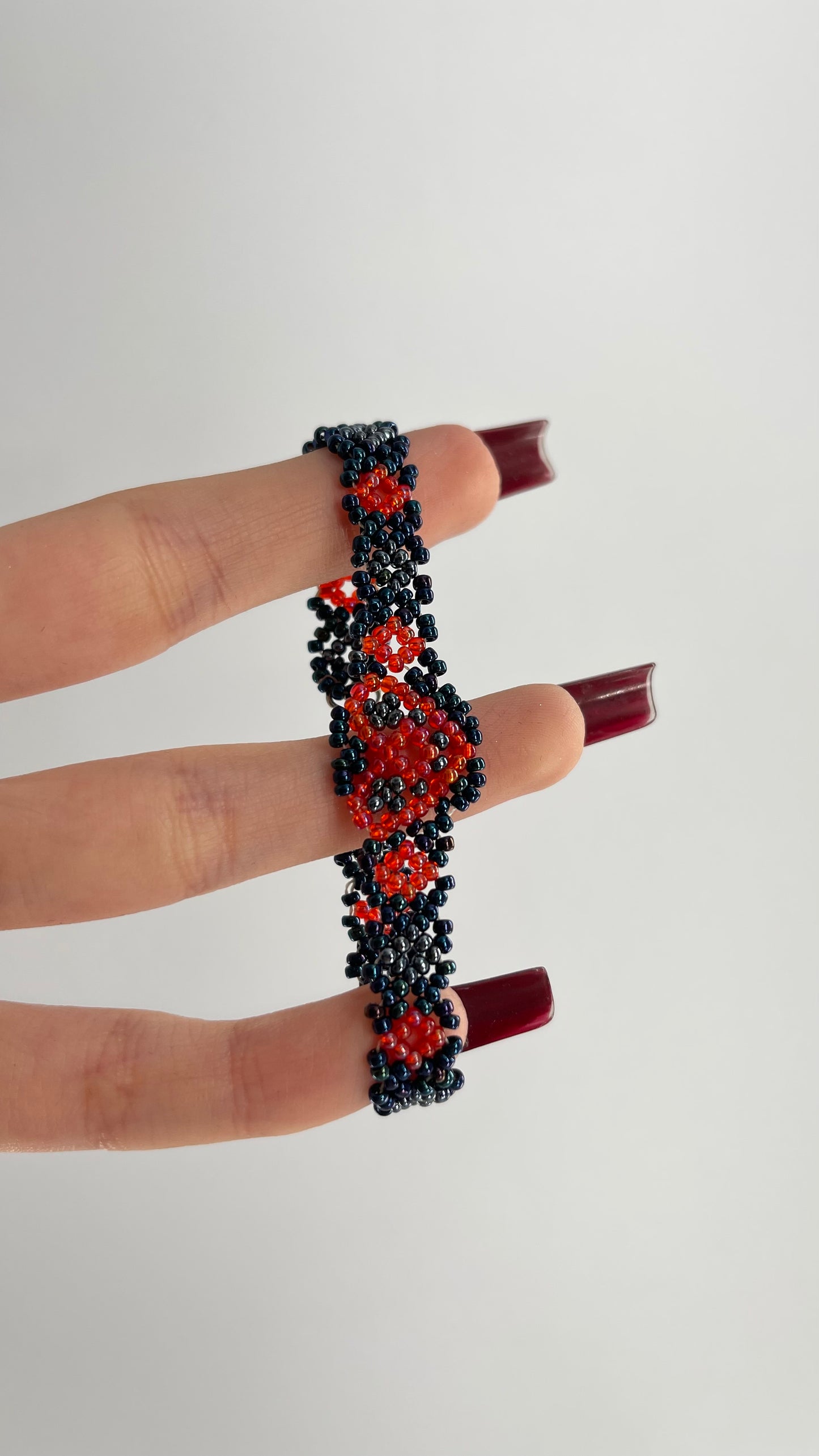 Vintage 70s Handmade Navy Beaded Bracelet with Red Heart and Flowers