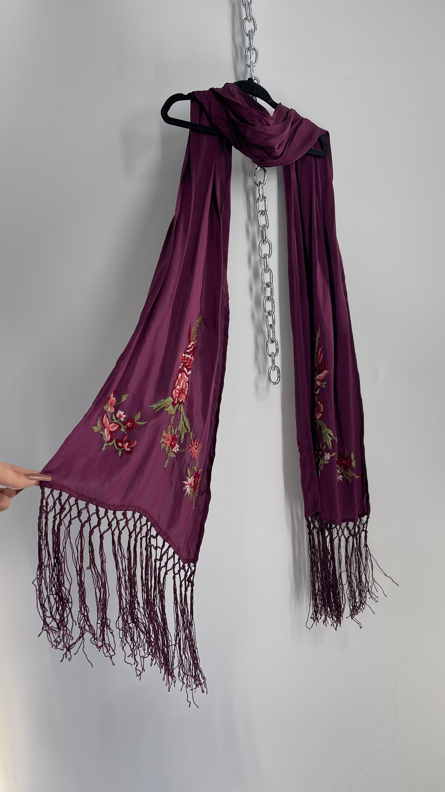 April Cornell 100% Silk Purple Embroidered Florals Fringe Scarf
