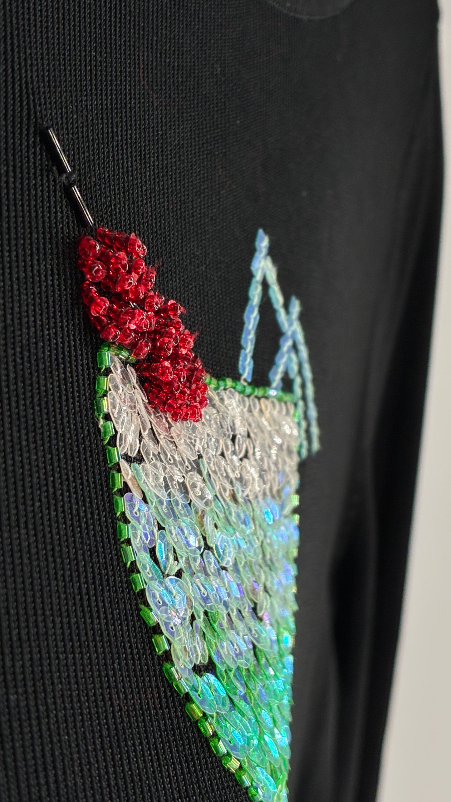 Vintage SWEATERWORKS Margarita Black Knit Top with Beaded and Embroidered Drink (Large)