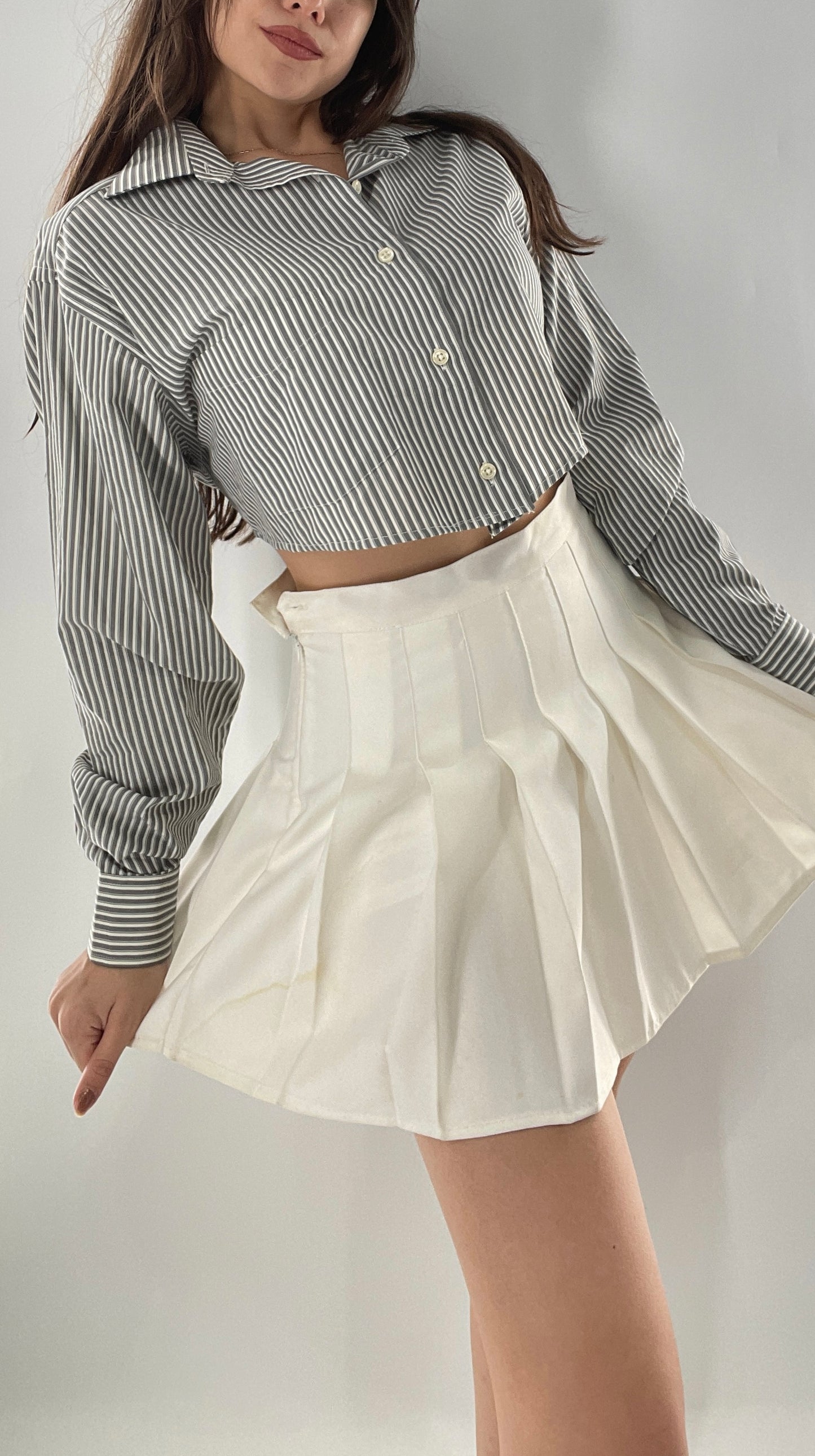 Vintage Reworked Button Front Backless Grey Blue Striped Blouse (One Size)