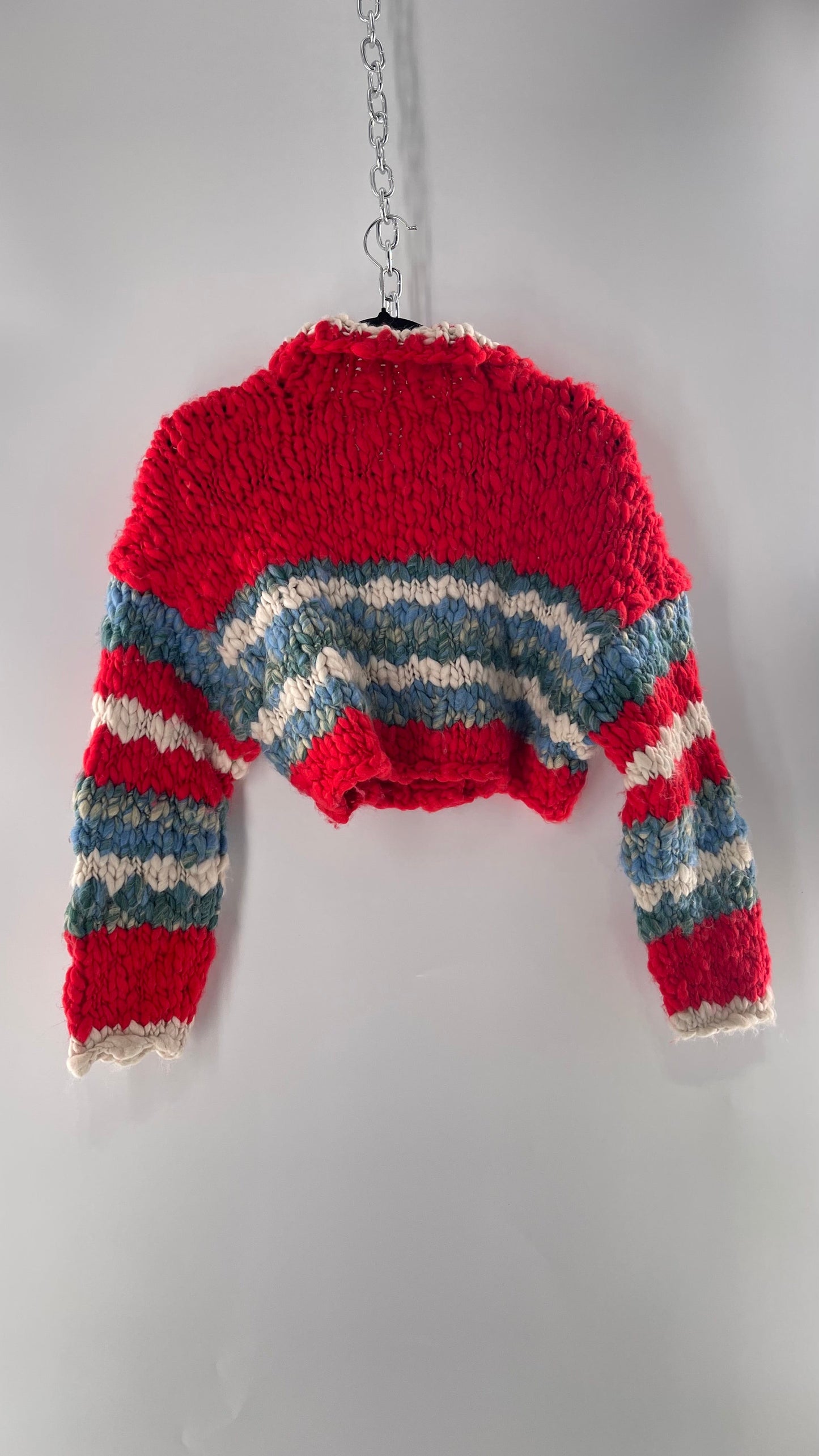 BDG Urban Outfitters Thick Knit Red White Blue Chunky Cropped Striped Cardigan (XS)