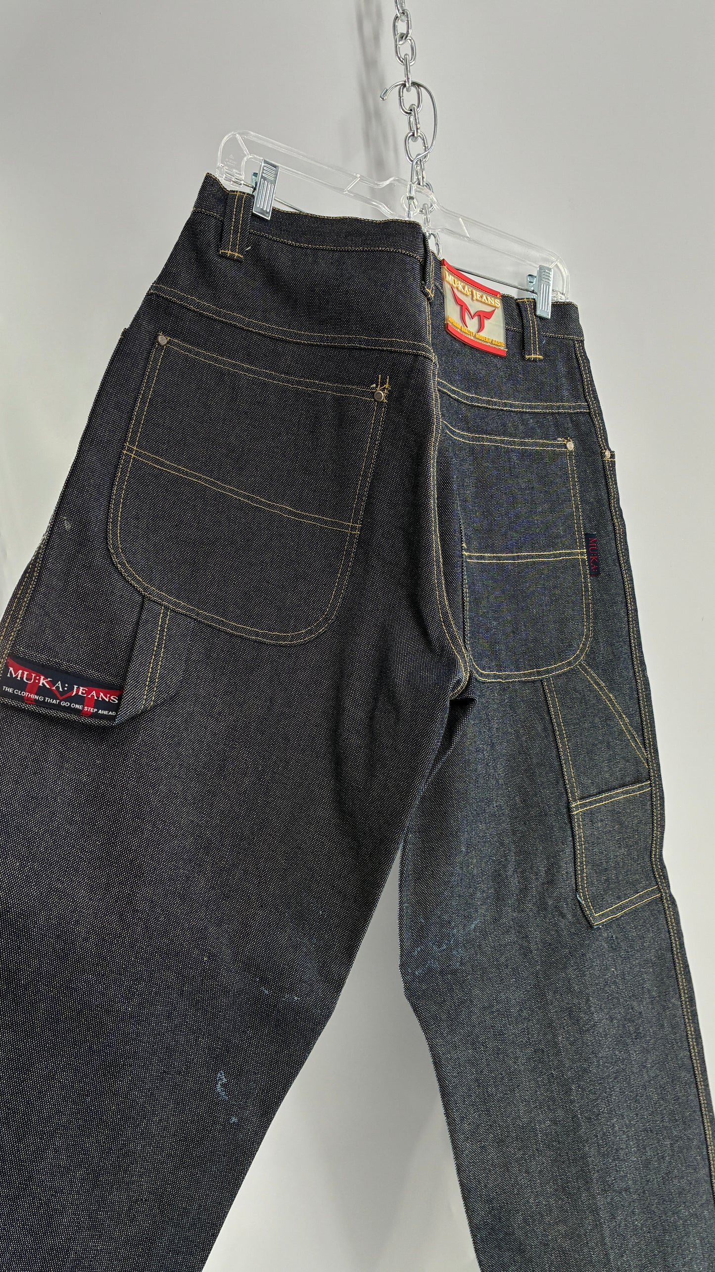 Vintage 1990s MU:KA: JEANS Men’s Dark Wash Japanese Style Denim Baggy Straight Legs and Oversized Jacket Set (L, 32x32)