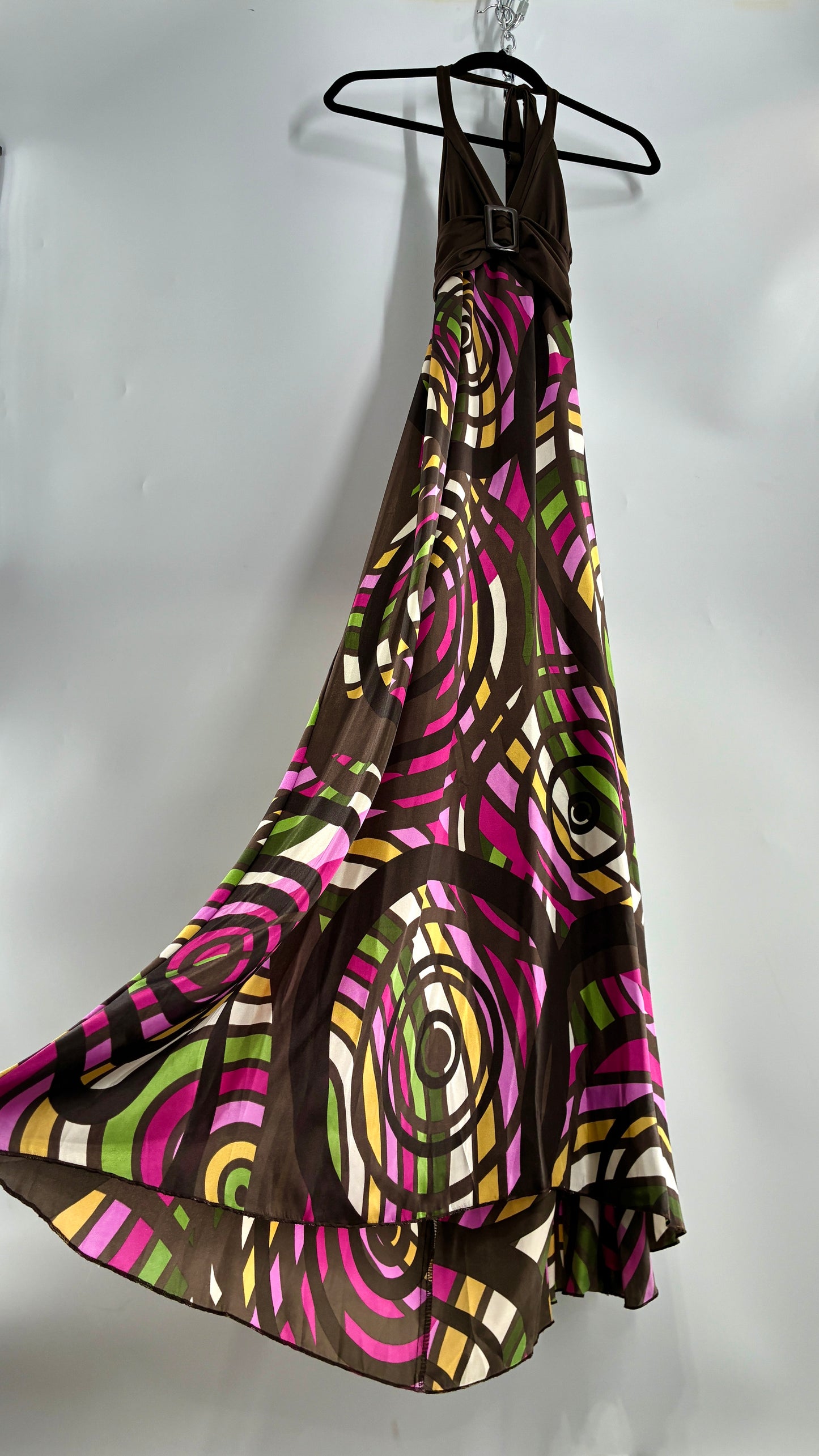 Vintage Candies Brown Patterned Gown with Belted Bust and Halter Neckline (Medium)