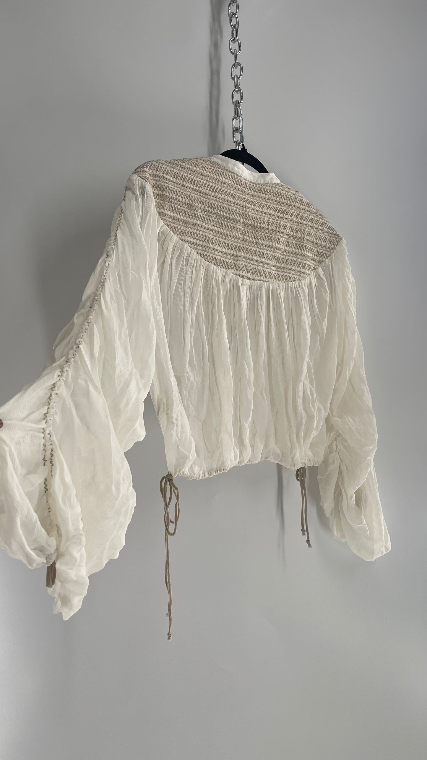 Free People Off White Draped Sleeve Button Front Embroidered Neckline Blouse with Tags Attached (Small)