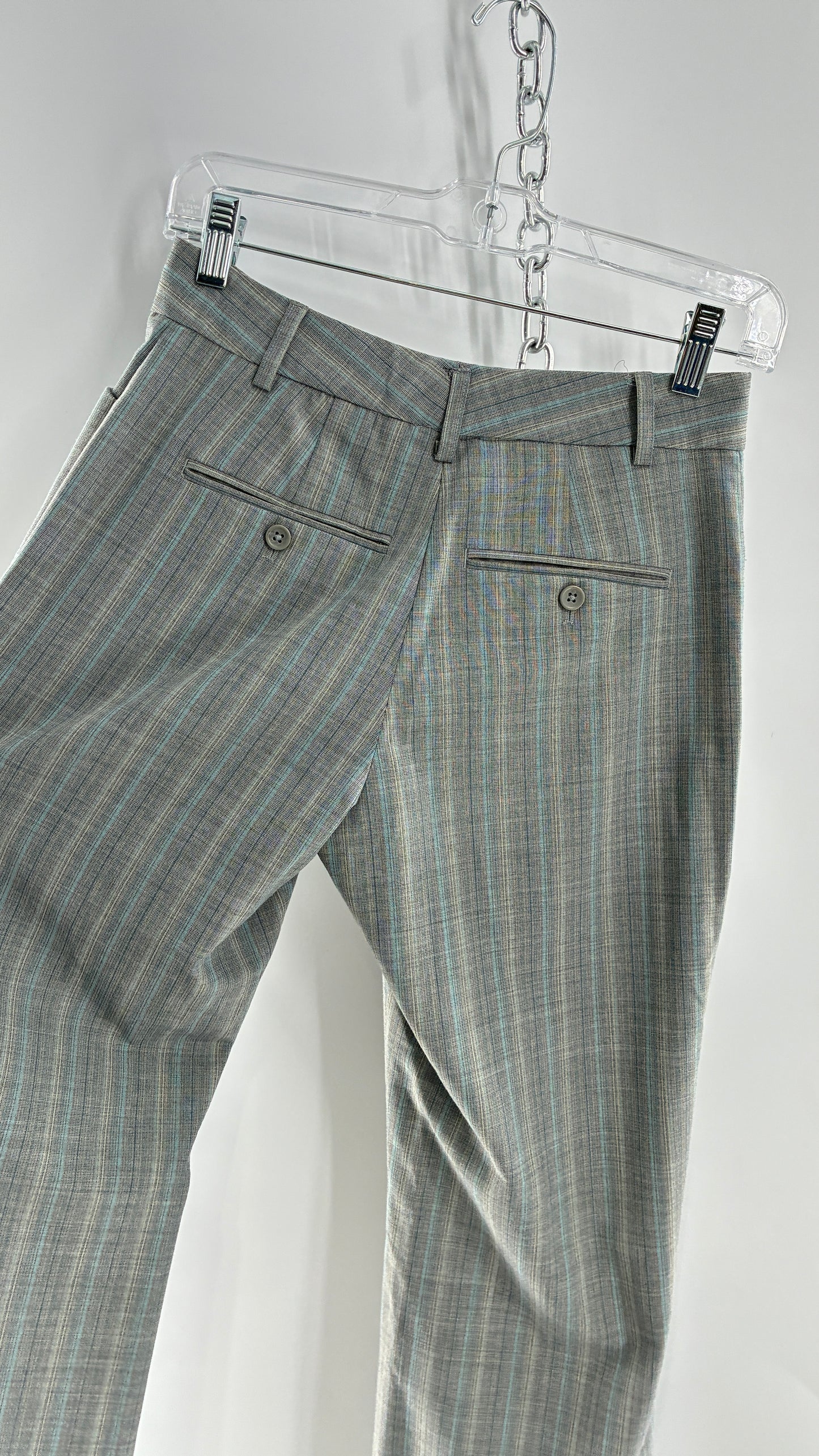 Vintage 1990s EXPRESS Editor Iconic Grey and Blue Low Rise Kickflare Pants (1)