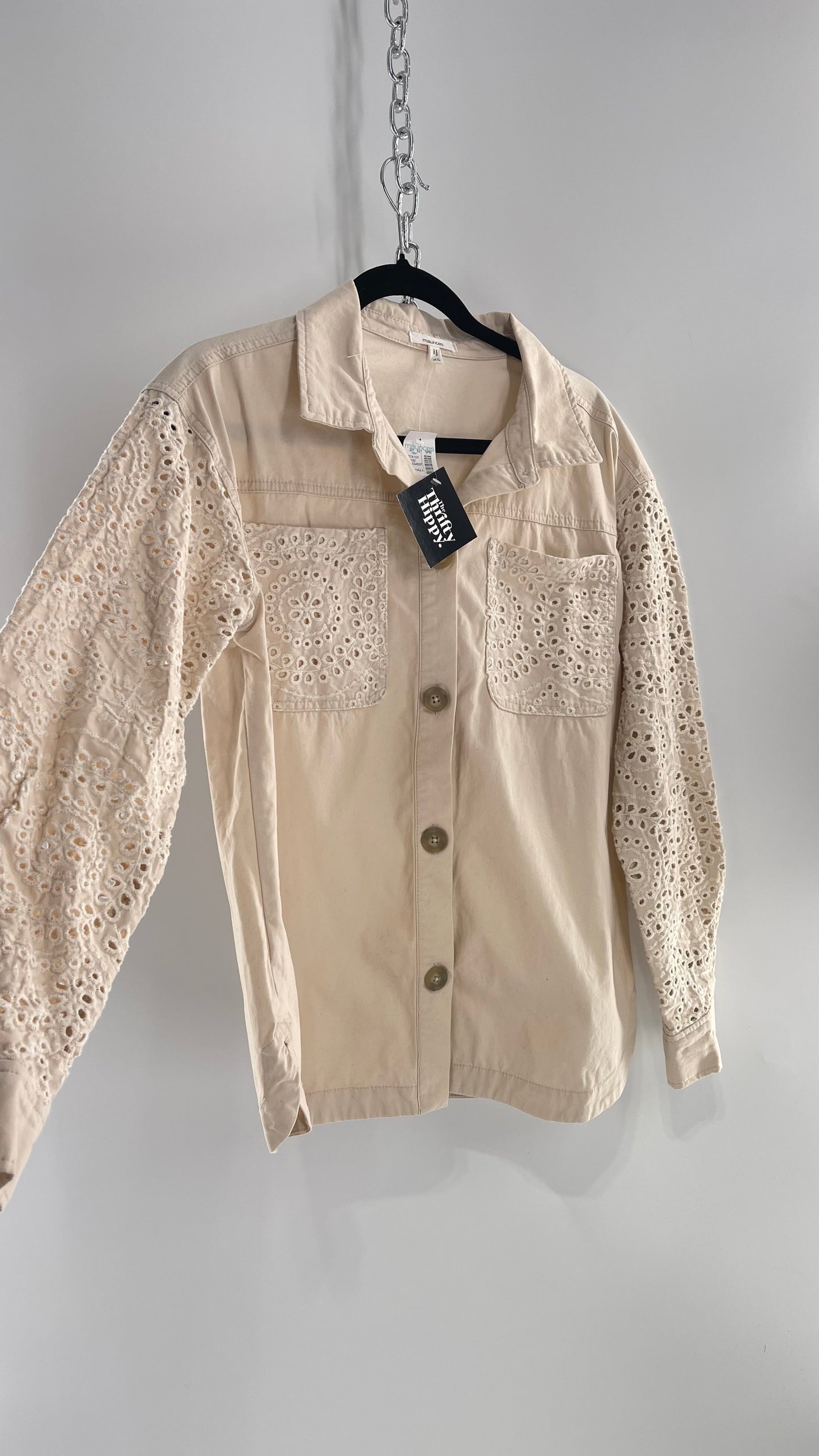 Maurices Anthropologie Beige Cotton Button Up with Eyelet Lace Sleeves and Pockets with Tags Attached (XS)