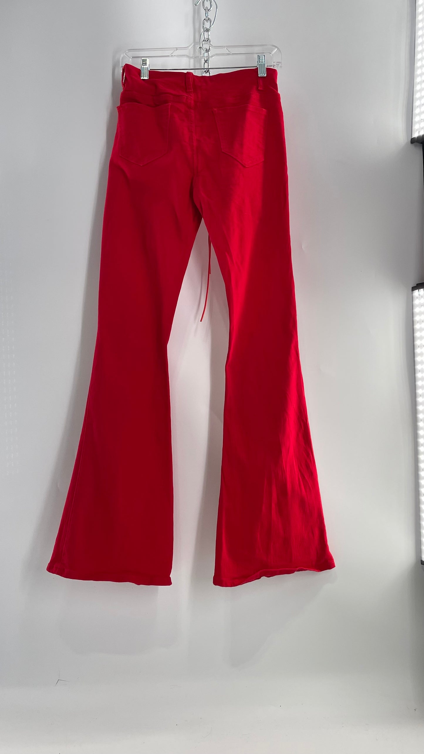 Edikted Rockstar Red Kick Flare Bell Bottoms with Lace Up Thigh and Waistline Detail (Large)