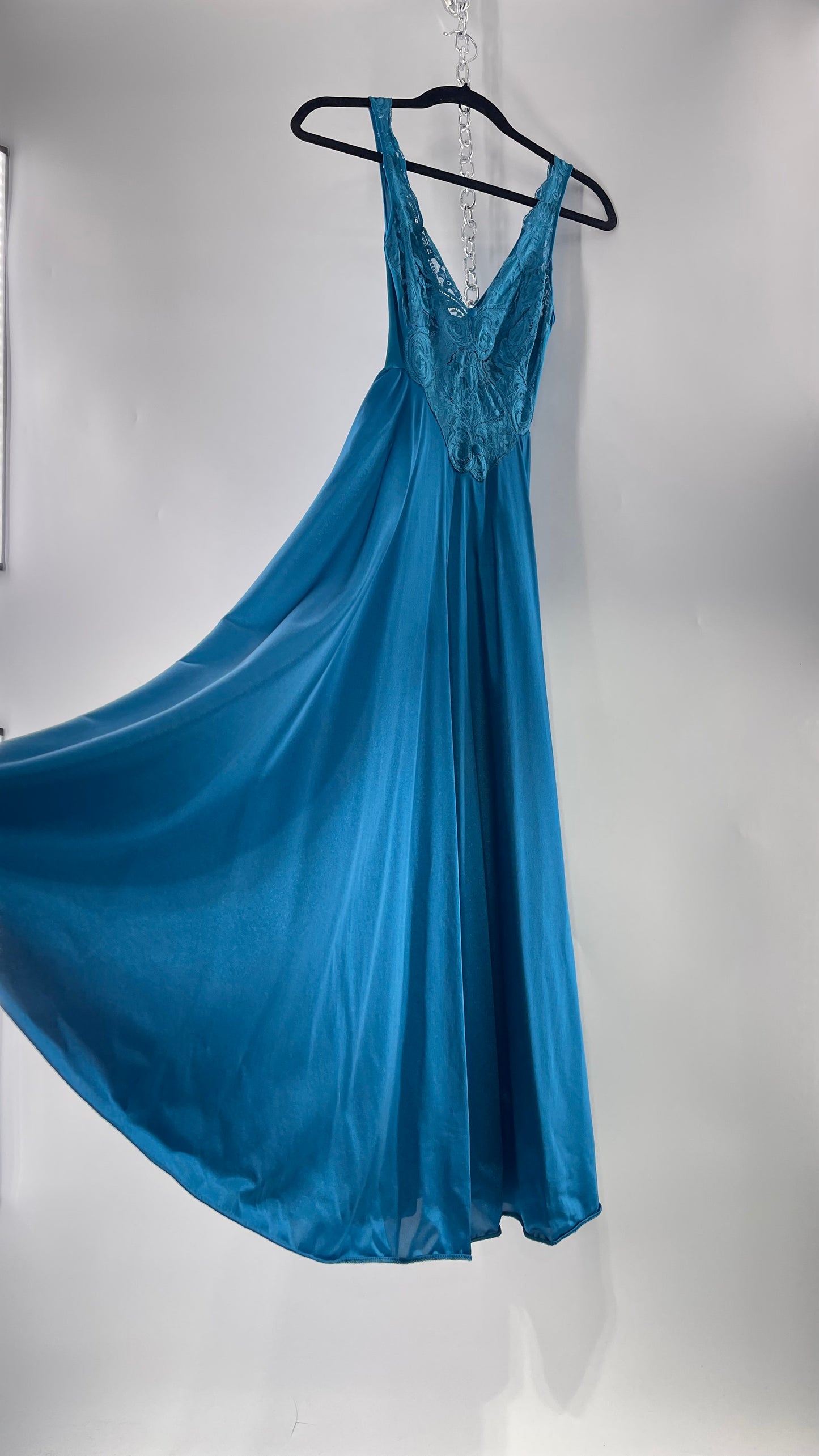 Vintage Olga Intimates Floor Length Voluminous Blue Jewel Toned Maxi Dress/Night Gown with Lace Bust (Small)