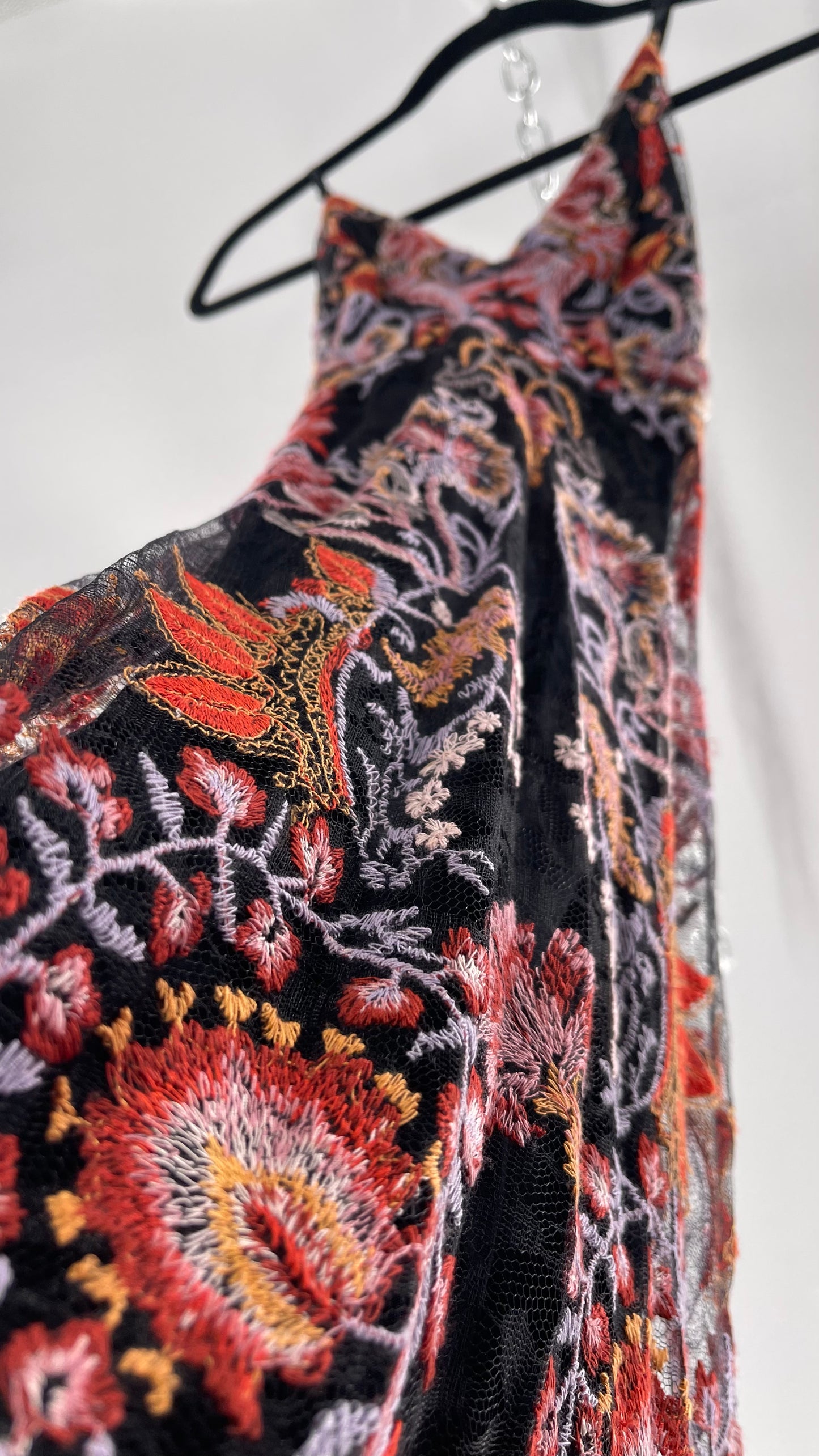Free People Black Fall Toned Floral Embroidered Tule Sleeveless Maxi Dress (2)