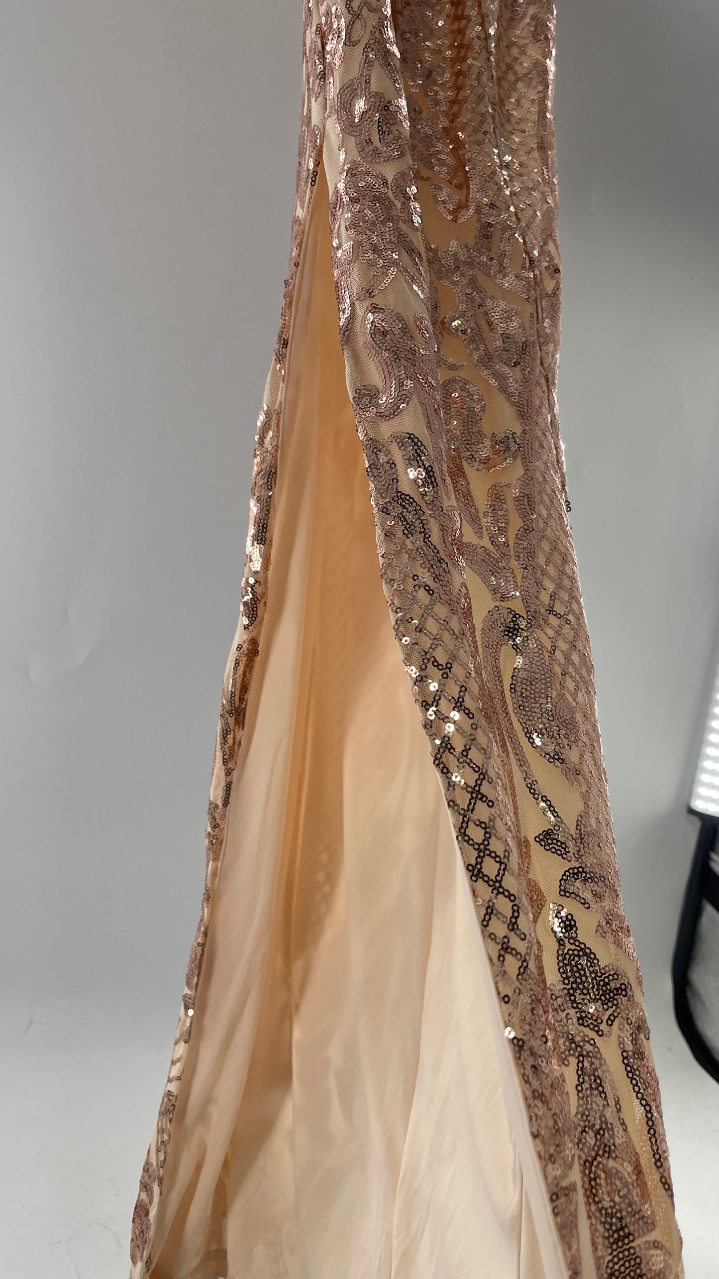 Windsor Rose Gold Sequin Maxi Dress with Side Slit Detail and Open Back (Small)