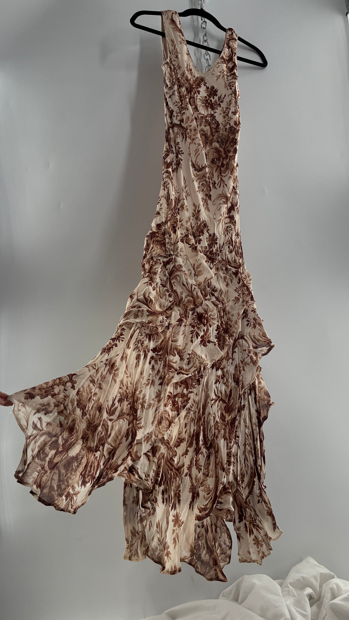 Vintage MAJICK 1990s Brown Floral, Asymmetric Ruffled Hem Gown with Embroidered Sequin Details (Medium)