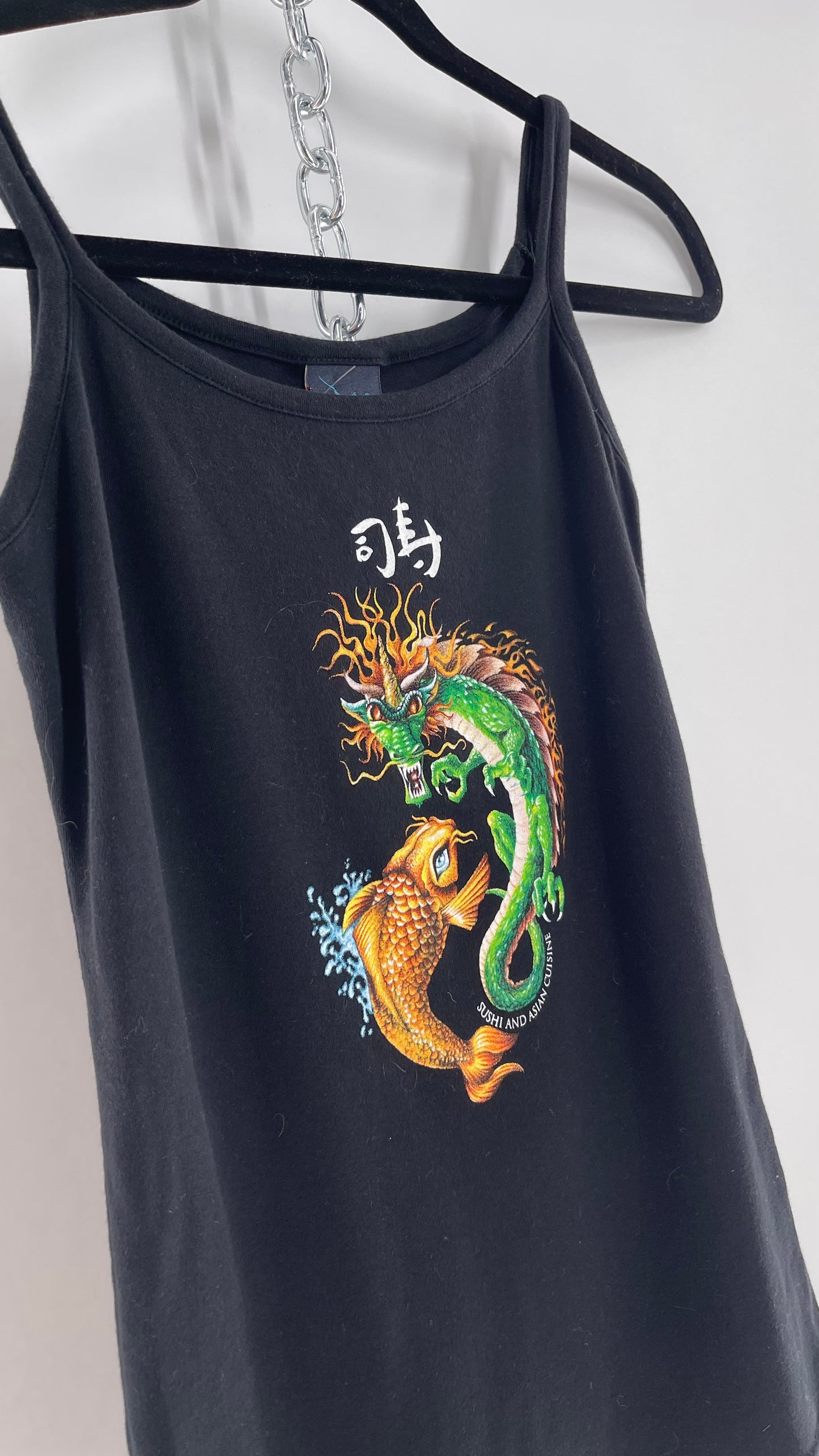 Vintage 90s The Hook Up Black Tank with Dragon and Koi Graphic (Medium)
