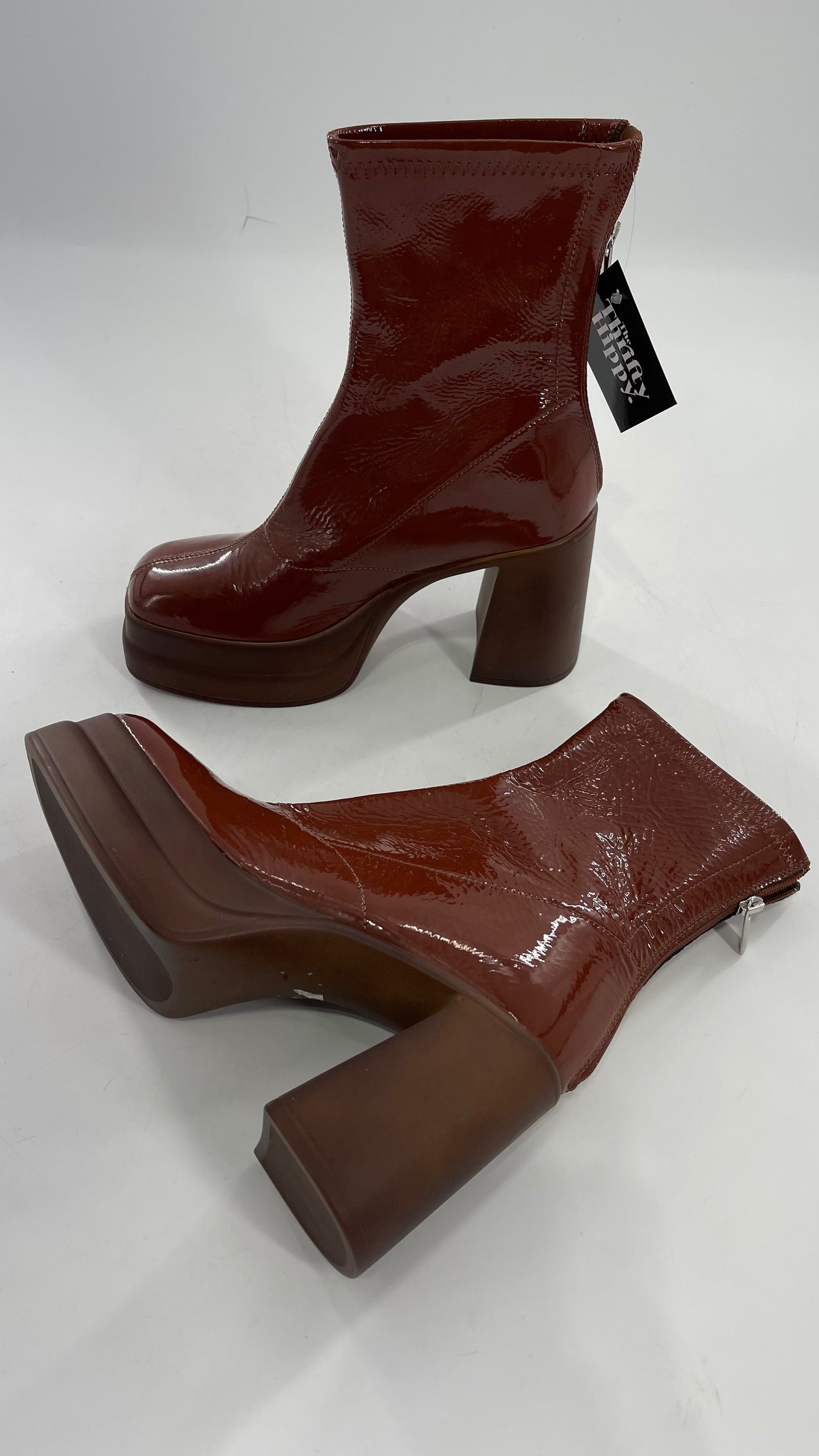 Free People Double StackedGlossy Patent Chestnut Brown Platform Boots with Chunky Heels (37.5)