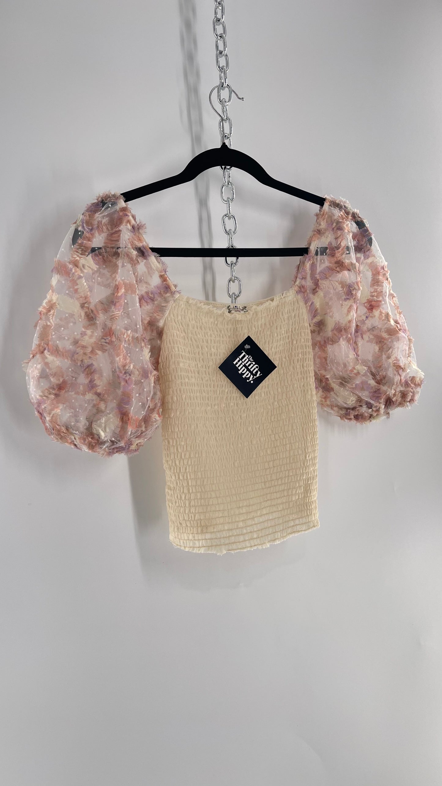 Free People Flower Girl Delicate Romantic Puff Sleeve Top with Smocked Mesh Body (Small)