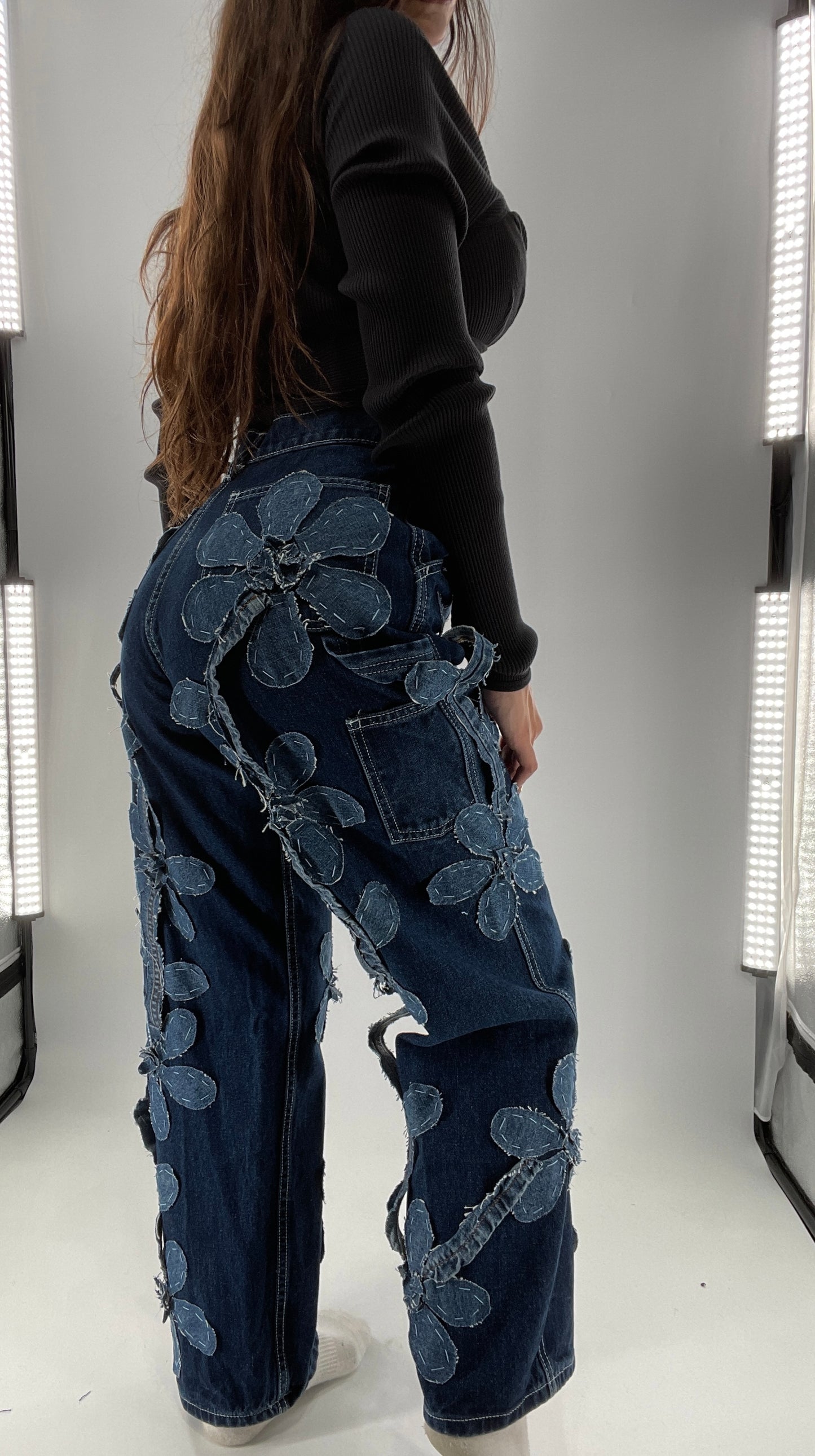 Handmade CUSTOM Dual Denim Tone Floral Vine Cargo Denims (S)