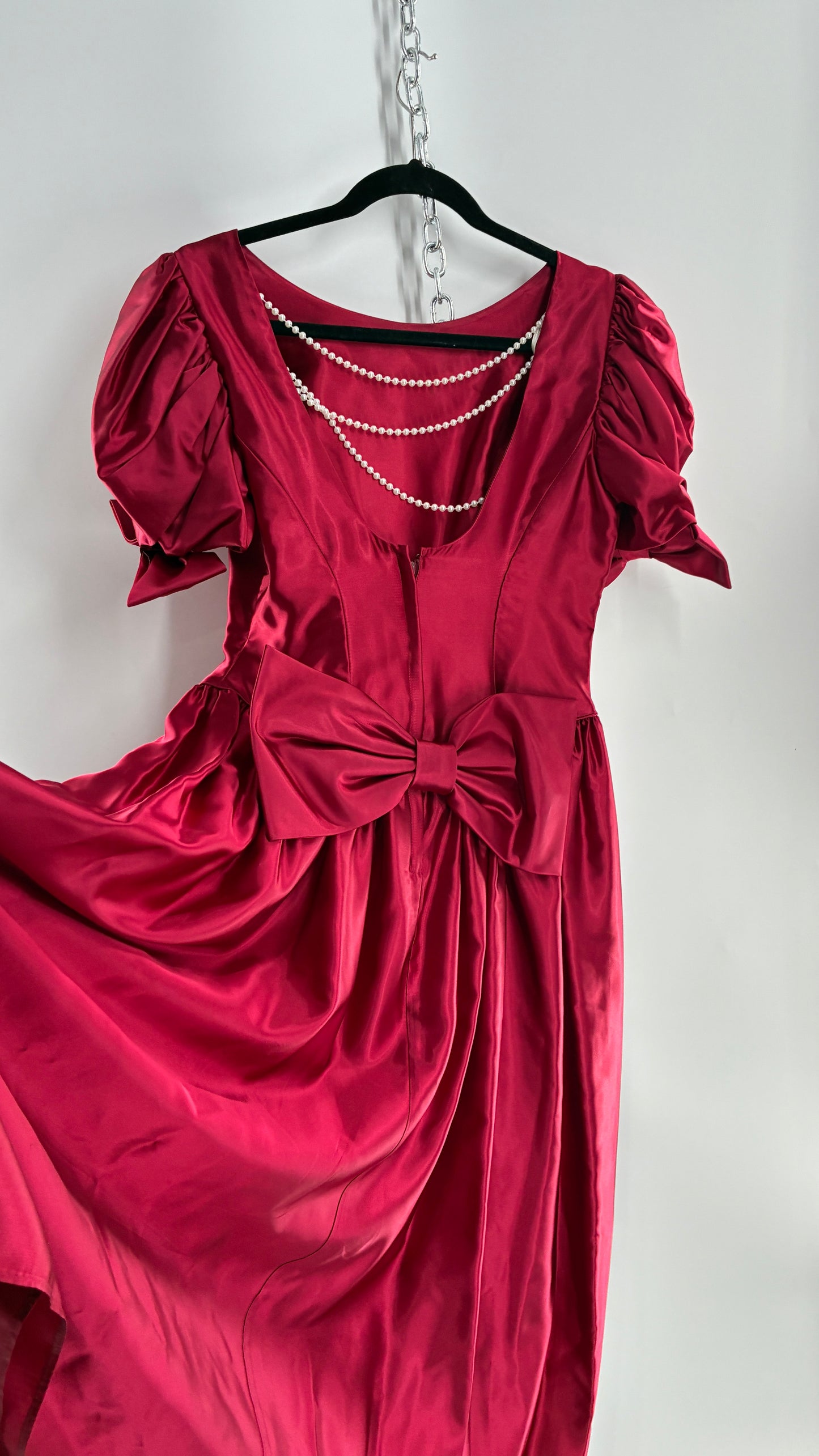 Vintage Red Silky Satin Corset Style Dress with Sweetheart Neckline, Puff Sleeves, Oversized Bow Bum, Open Back and Draping Pearls (10P)