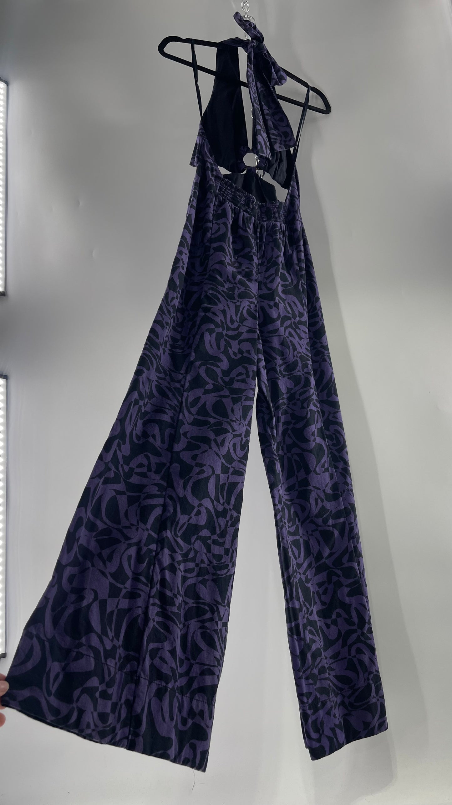 Free People Kira Retro Black and Purple Wide Leg Halter Jumpsuit with Tortoise Bust Loop (XS)