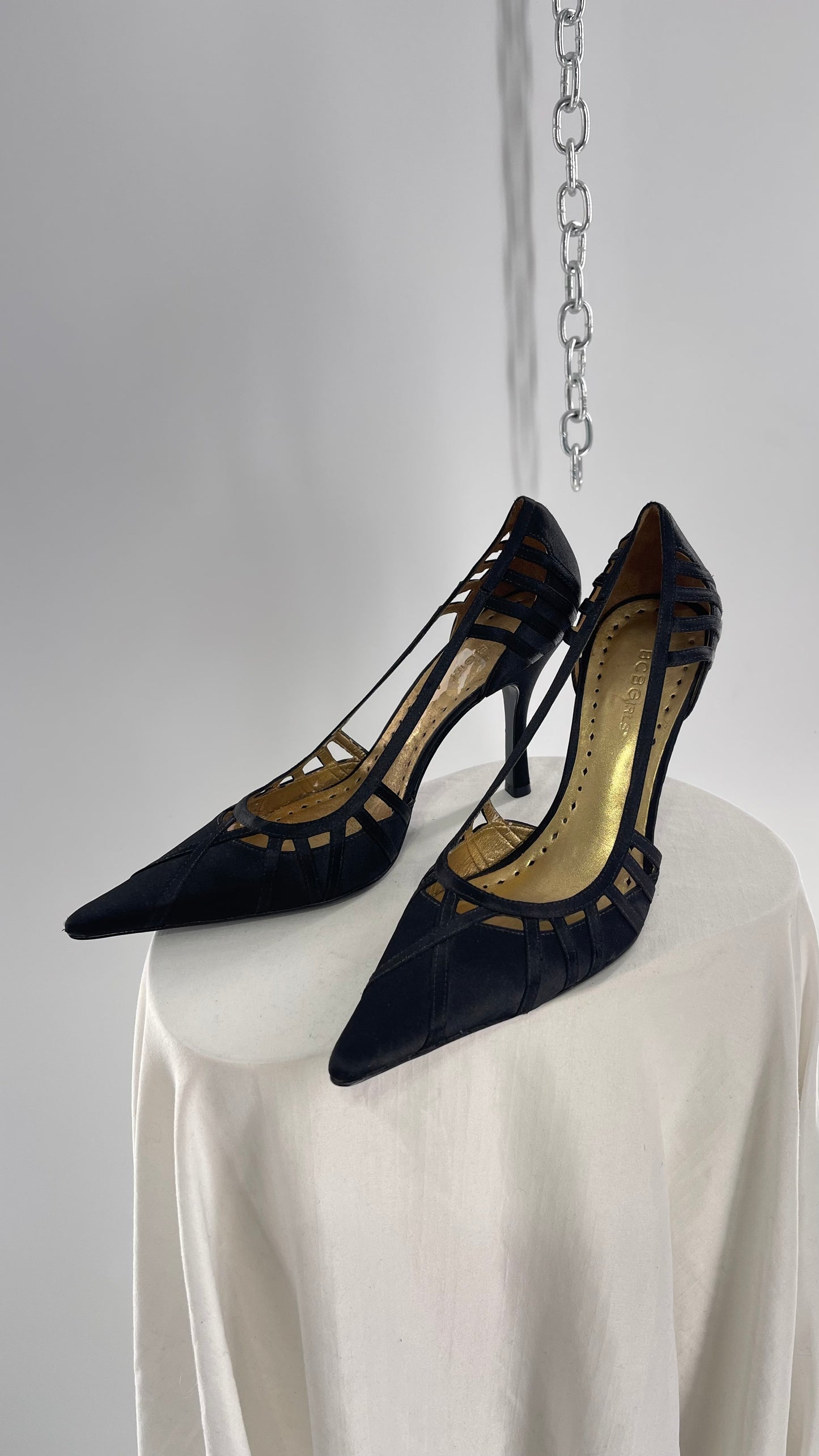 Vintage BCBGirls Black Satin Pointed Toe Heel with Strap Detailing (9.5)