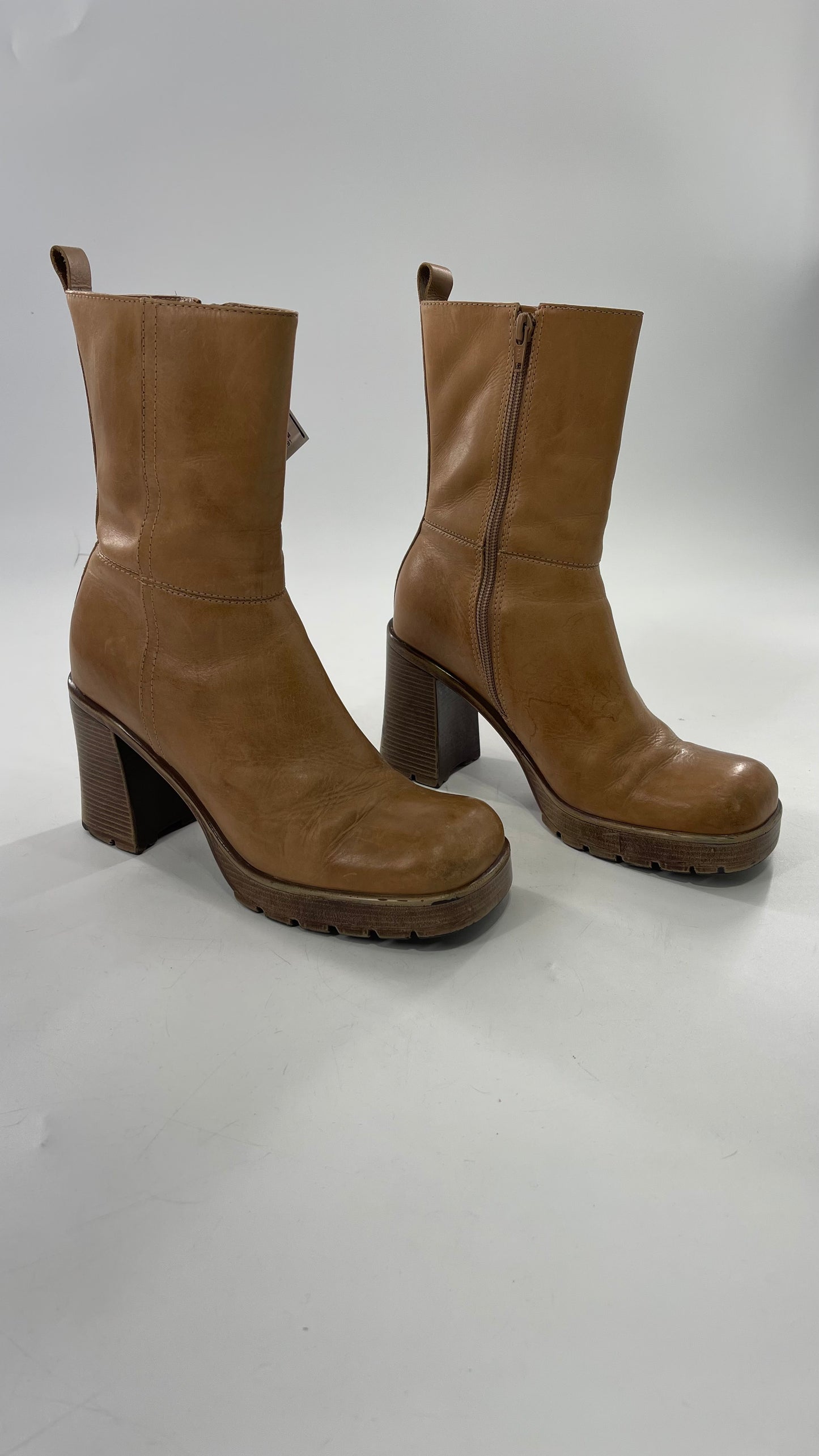 Vintage 90s Steve Madden Tan Leather Funky Square Toe Boot with Platform and Chunky Heel