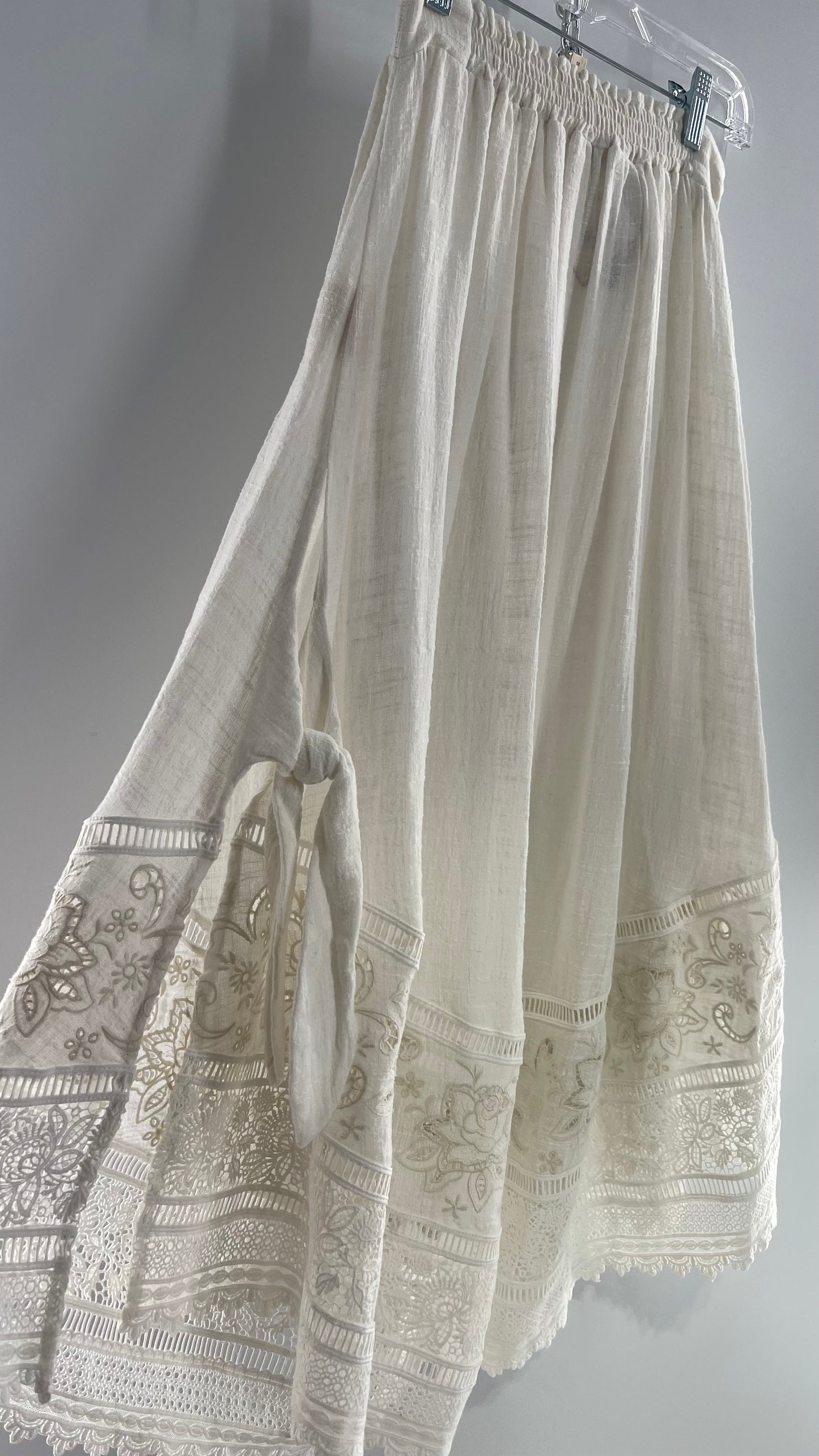 Spell & the Gypsy Full Length Cotton Gauze White Skirt with Tie Sides and Heavily Embroidered Hem (XS)