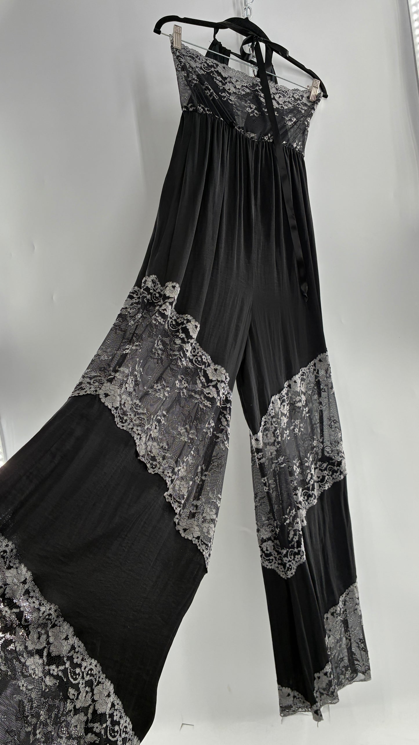 Free People Silky Black Jumpsuit with Grey Lace Paneling and Bandeau (S)