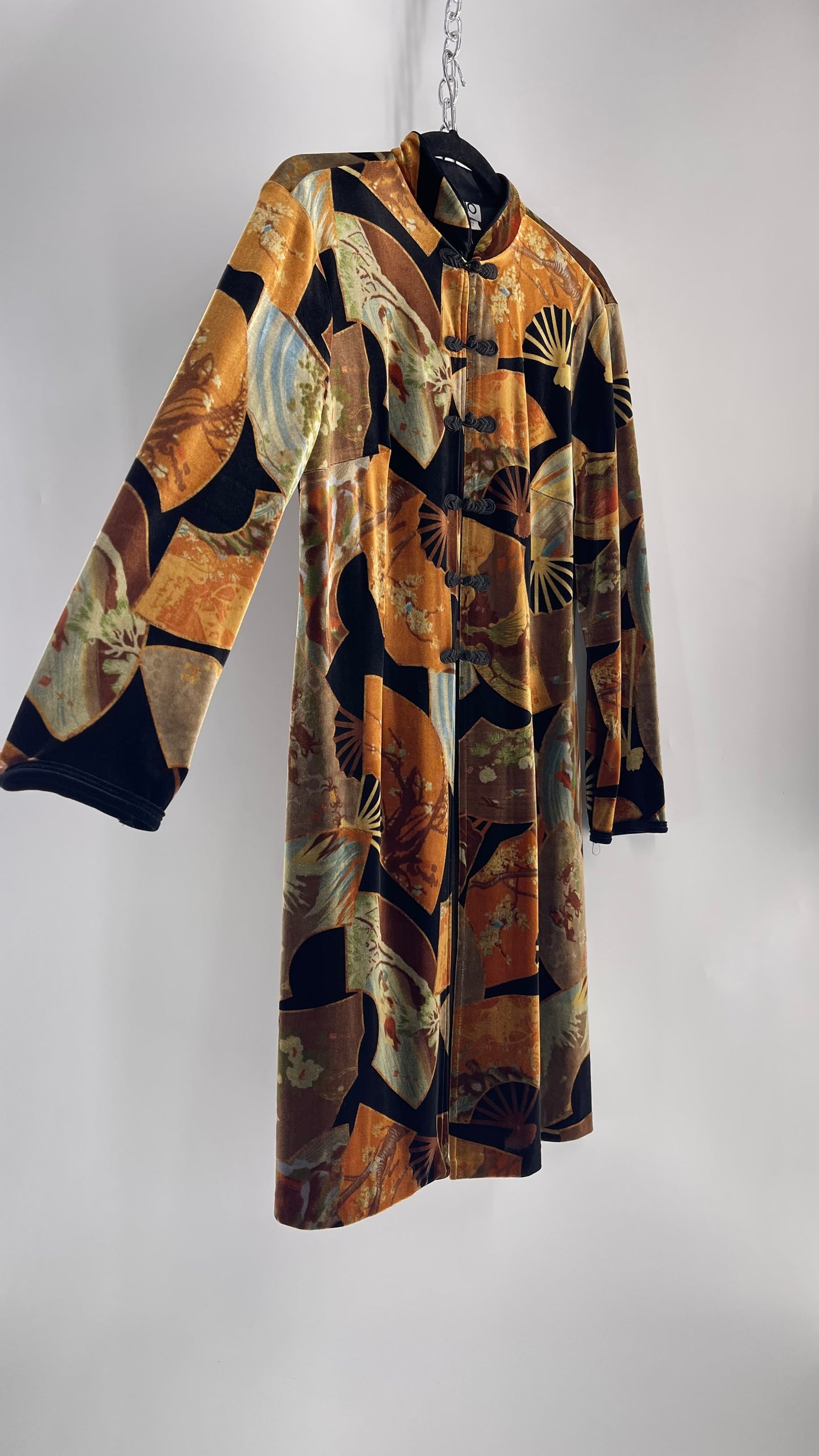 Vintage CLIO 1990s Black Velvet/Velour Fan Patterned Duster Coat (Medium)