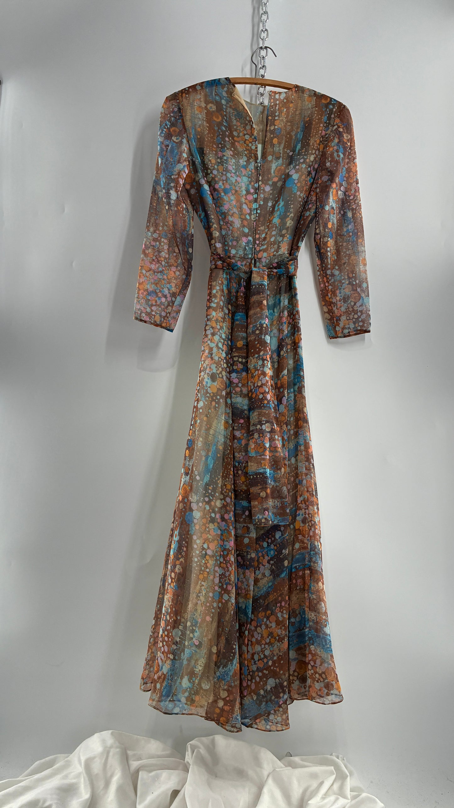 Vintage 1970s HELEN BASS Brown, Orange, Blue Voluminous Maxi Dress (S)