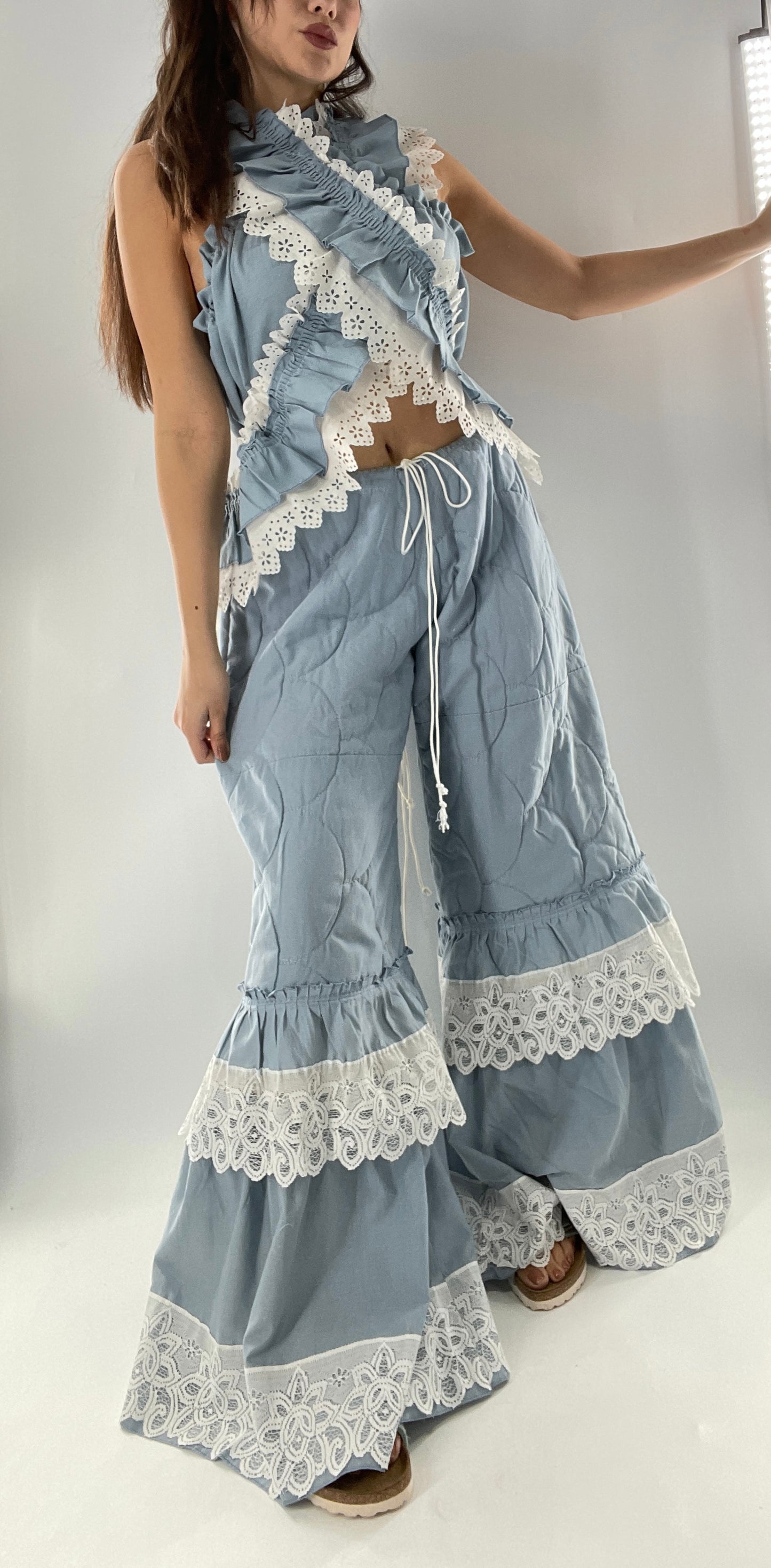 Vintage 2 Piece Powder Blue Set Featuring 2Way Blouse and Quilted Trousers Covered in Ruffles, Lace and Trim (One Size)