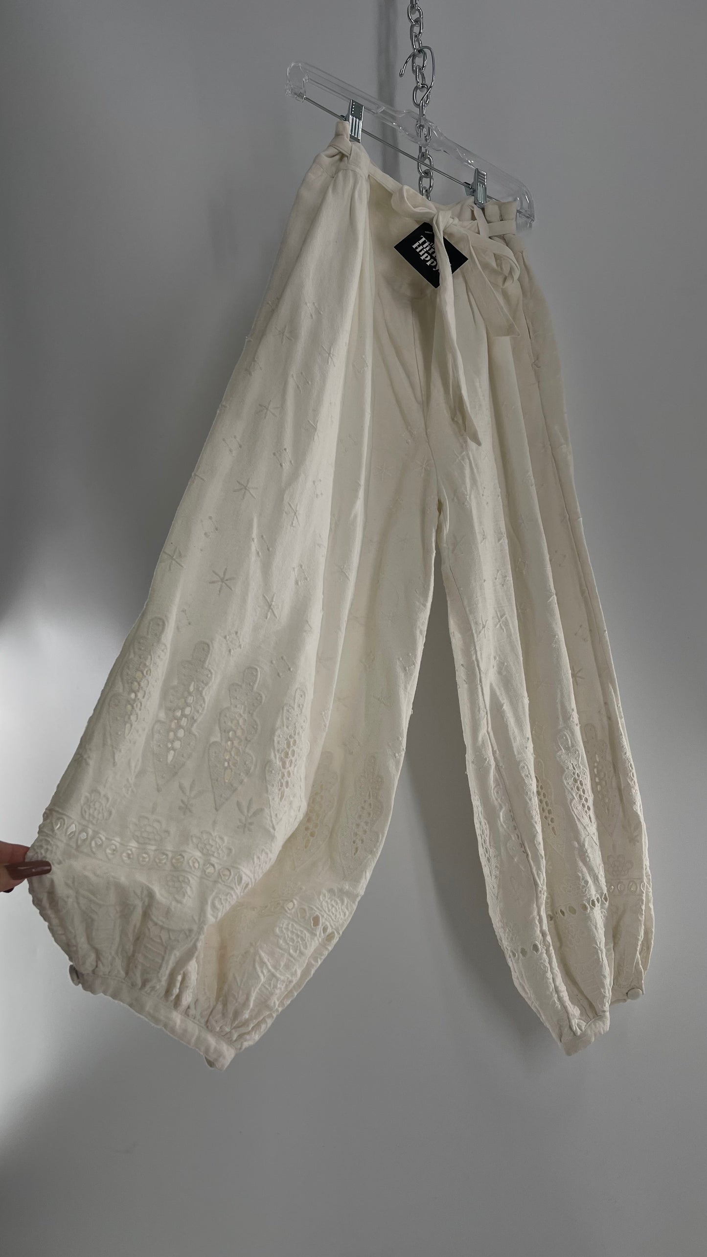 Free People Off White Eyelet Lace Cotton Gauze Embroidered Haram Pant (0)