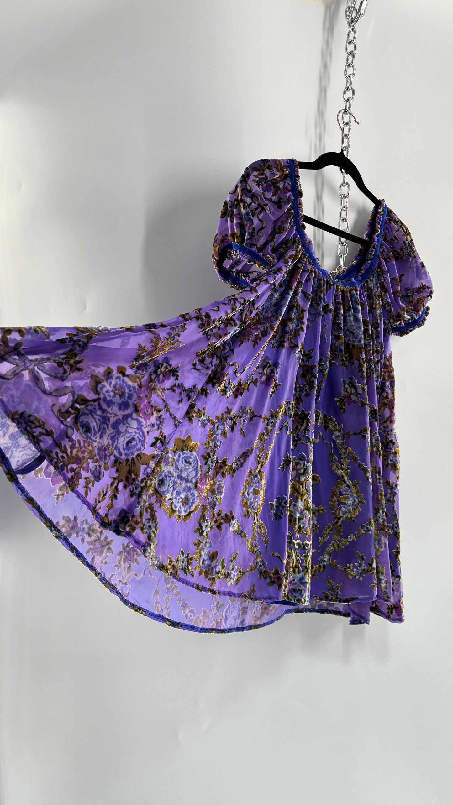 Free People Royal Blue Velour Floral and Bow Puff Sleeve Babydoll Mini Dress (XS)