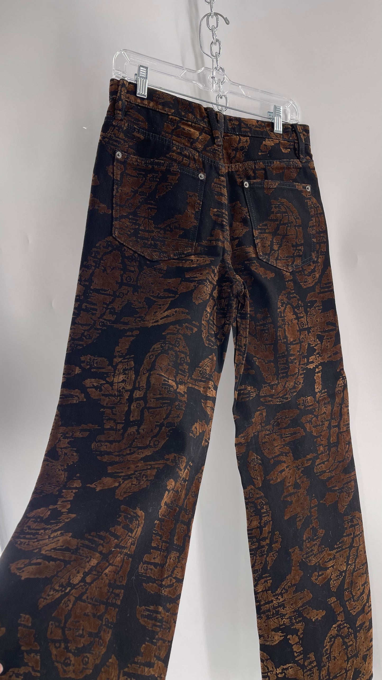 Free People Black/Brown Velvet Texture Graphic Straight Legs with Raw Edge Hem and Tags Attached (28)