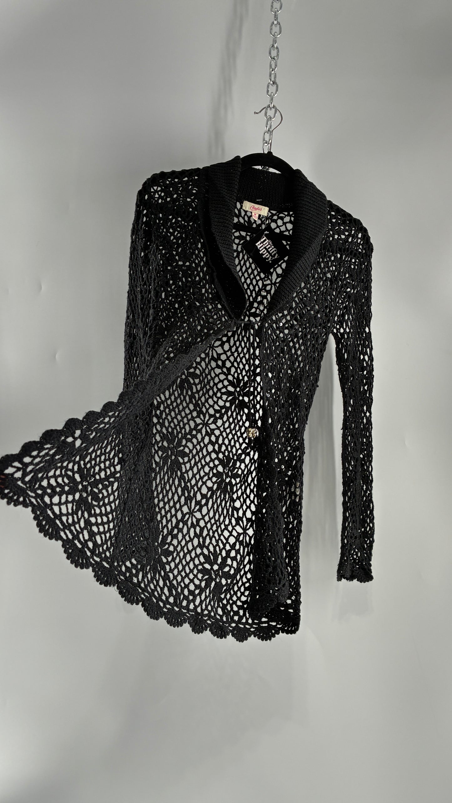 Vintage CANDIES Black Crochet Knit Cardigan with Bust Tie (Medium)
