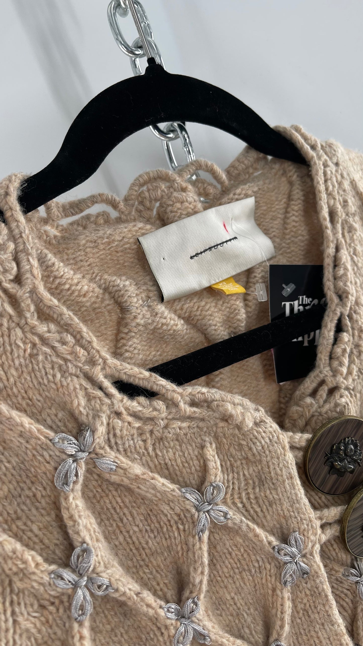 Anthropologie Leifsdottir Knit Argyle Embroidered Sweater with Oversized Statement Buttons (XS)