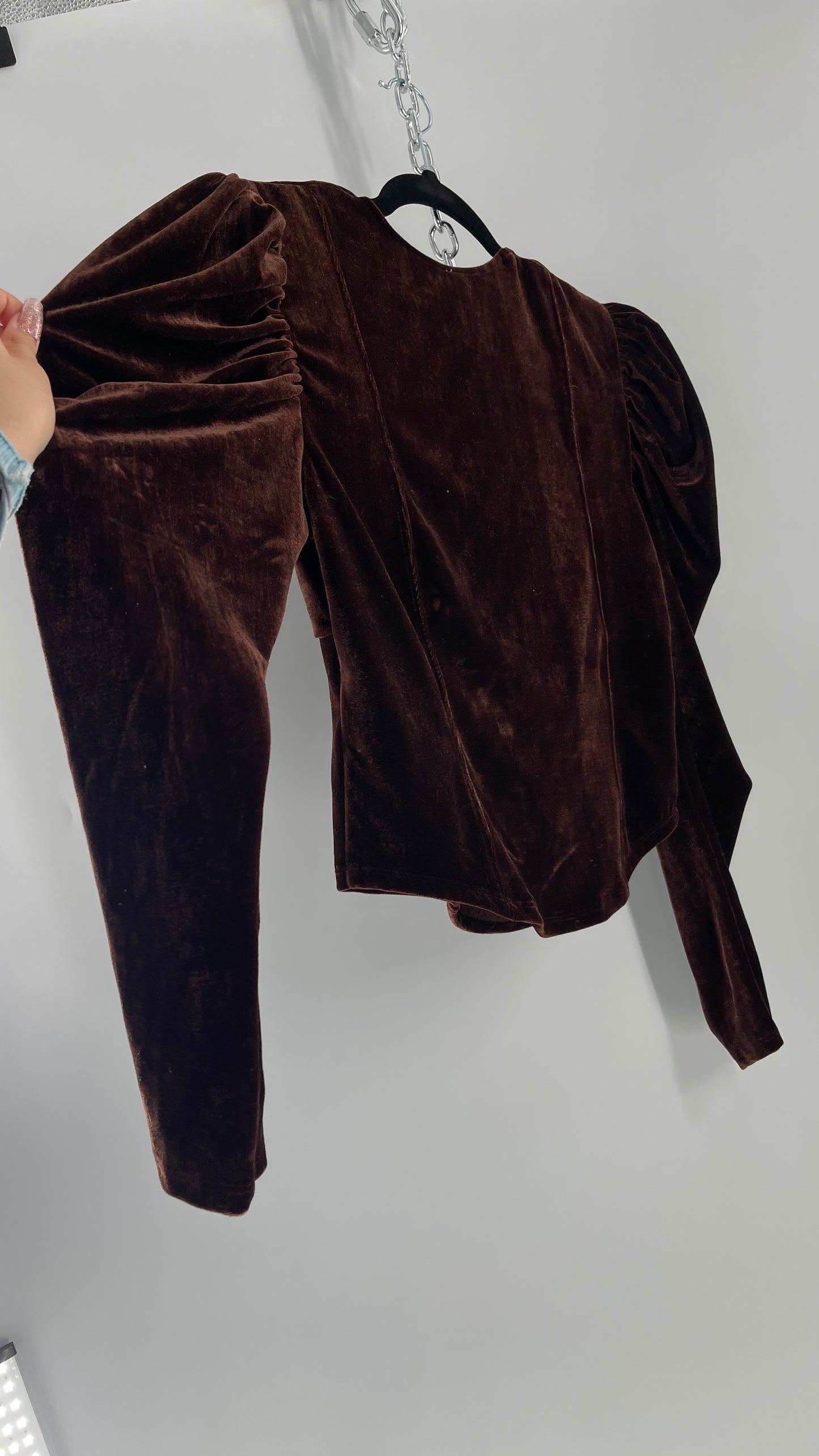 Free People Dark Brown Velvet Long Sleeve Cropped Blouse with Milkmaid Neckline and Renaissance Puff Shoulder (Large)