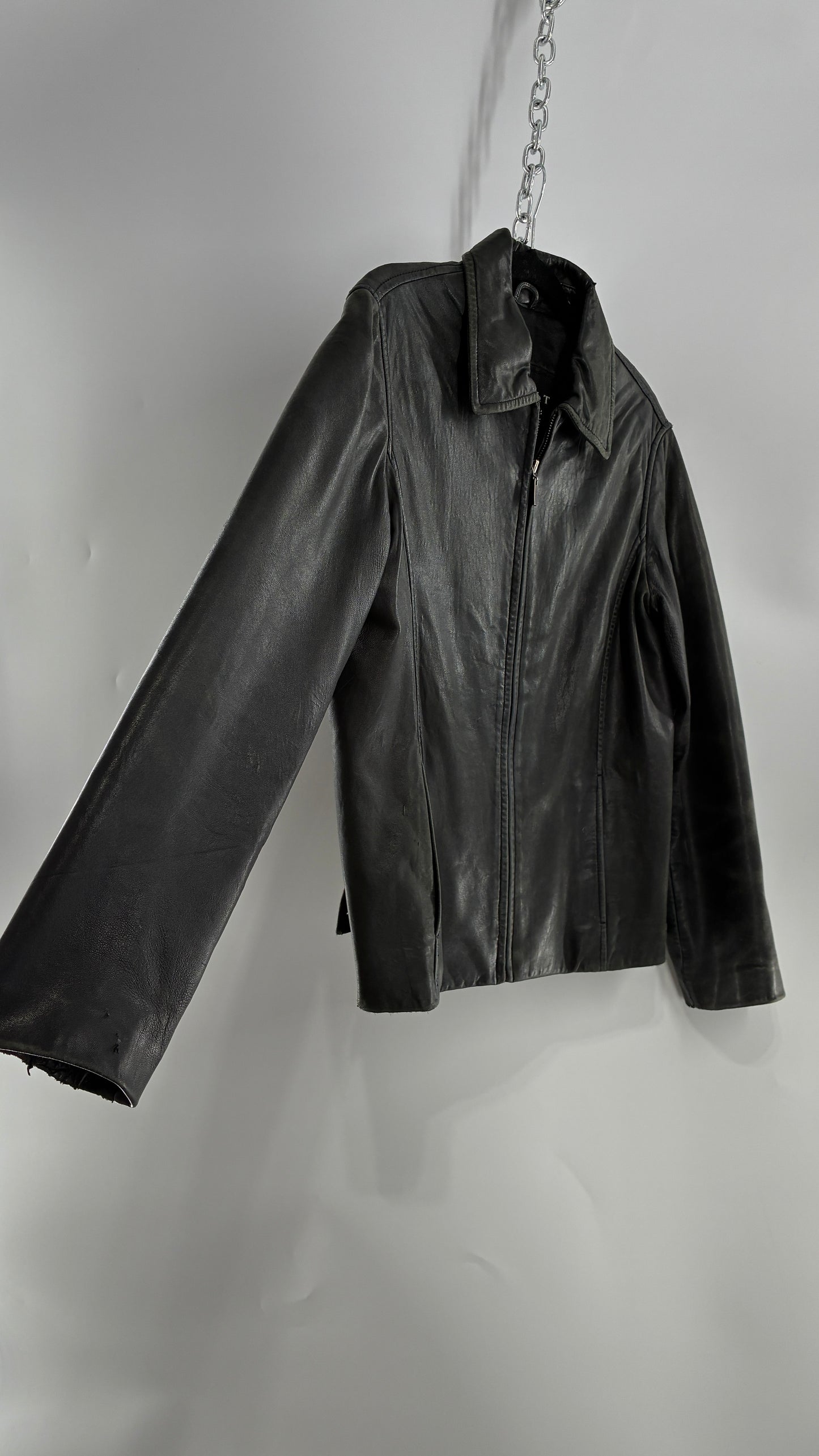 Vintage WINLIT New York Black Leather Collared Zip Front Paneled Jacket (Large)