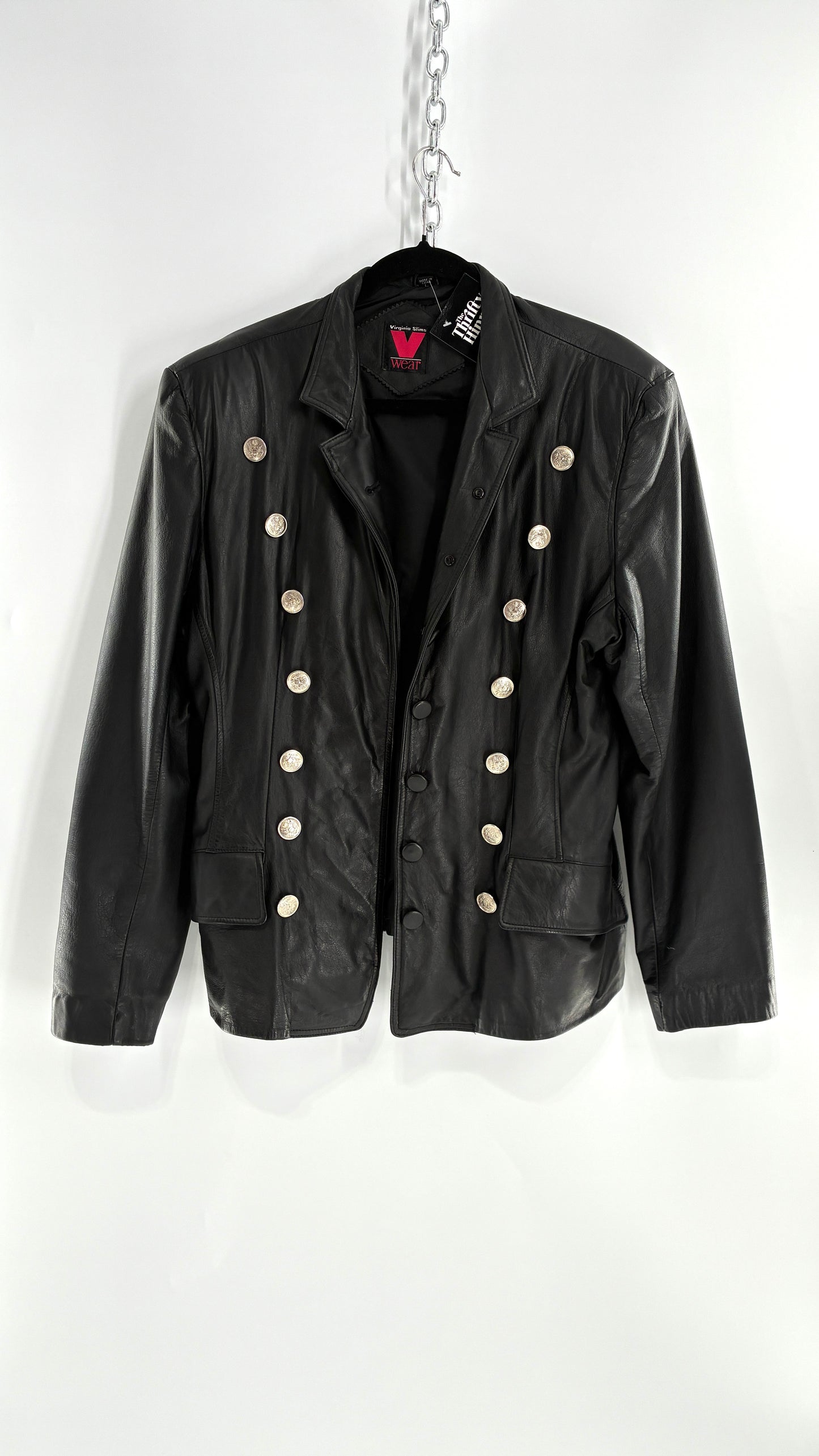 Vintage Virginia Slims Black Genuine Leather Military Jacket with Double Breasted Embossed Buttons (Large)