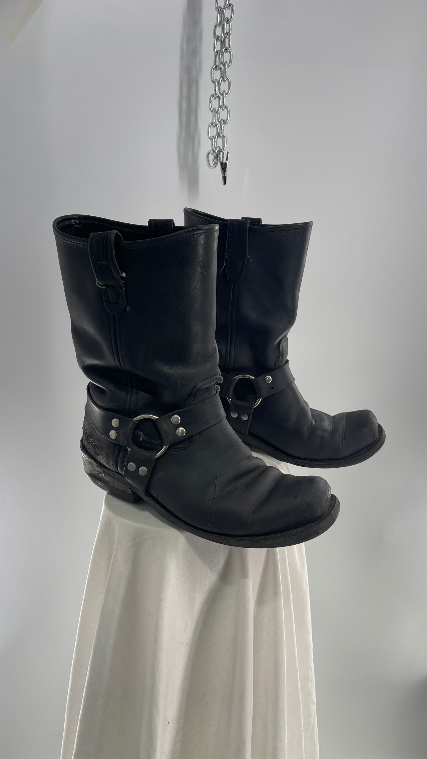 Vintage SIERRA Black Heavy Duty Sloppy Scuffed Distressed Leather Motorcycle Boots (10.5)