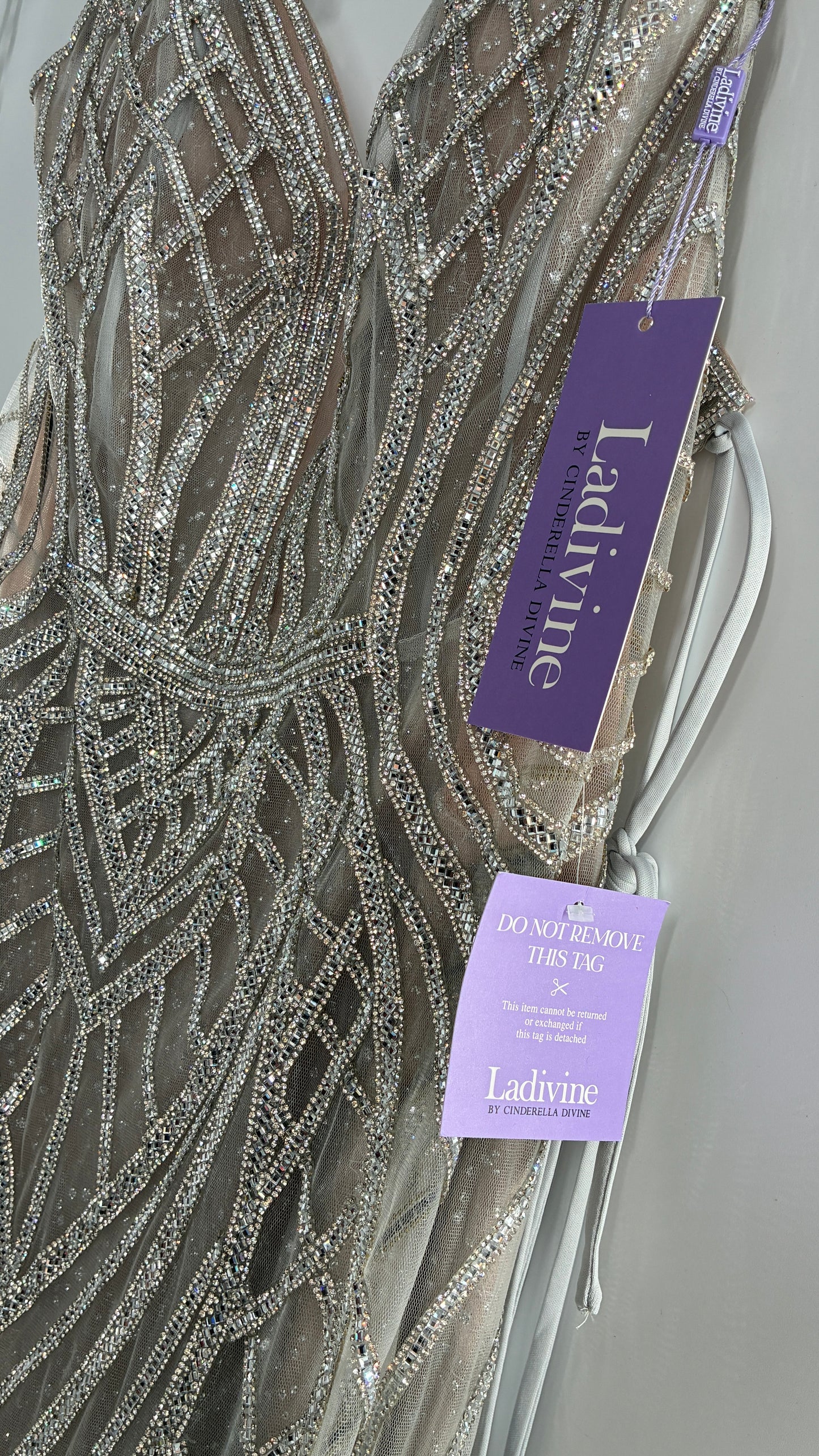 NWT LADIVINE by Cinderella Divine Silver Nude CC6018 Mermaid Corseted Gown with Multiple Layers of Tulle, Covered in Crystal Strips (16)