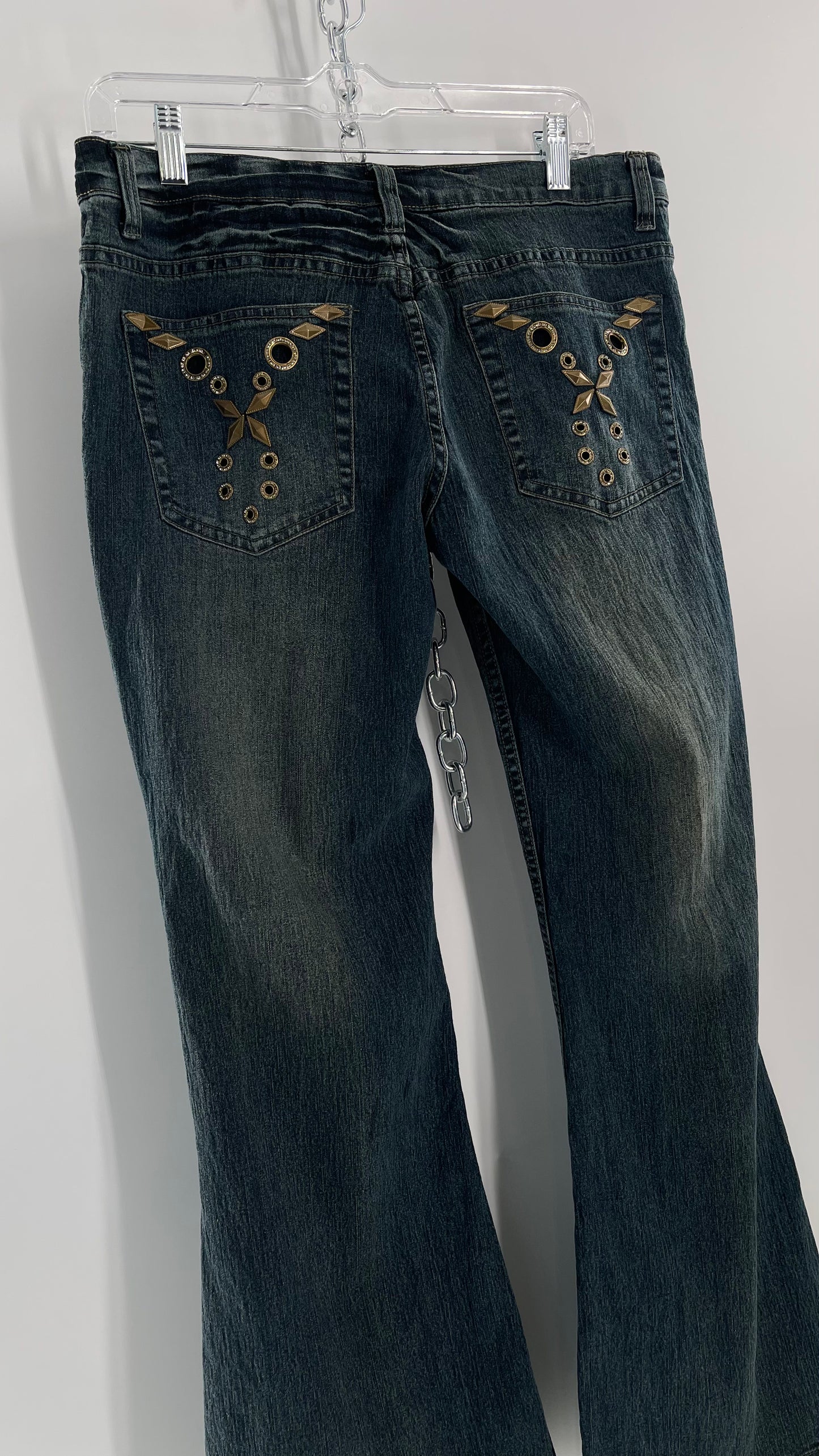 Vintage Blue Pointe Kickflare Medium Wash Jeans with Gold Rhinestone Metal Jewels (13)