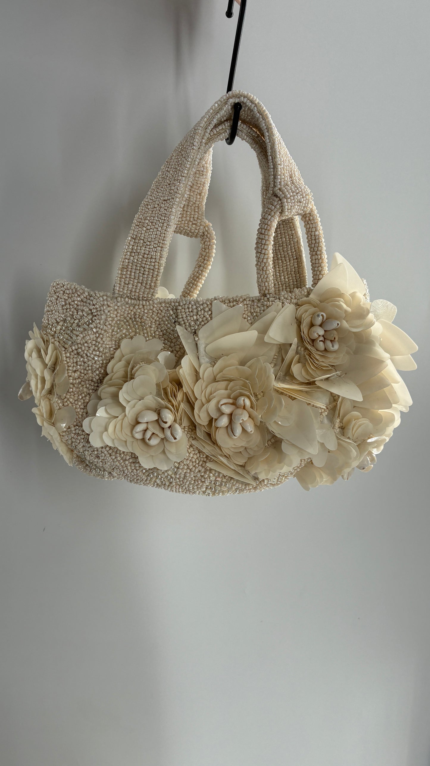 Beaded Off White Purse with Sequin and Shell Flowers
