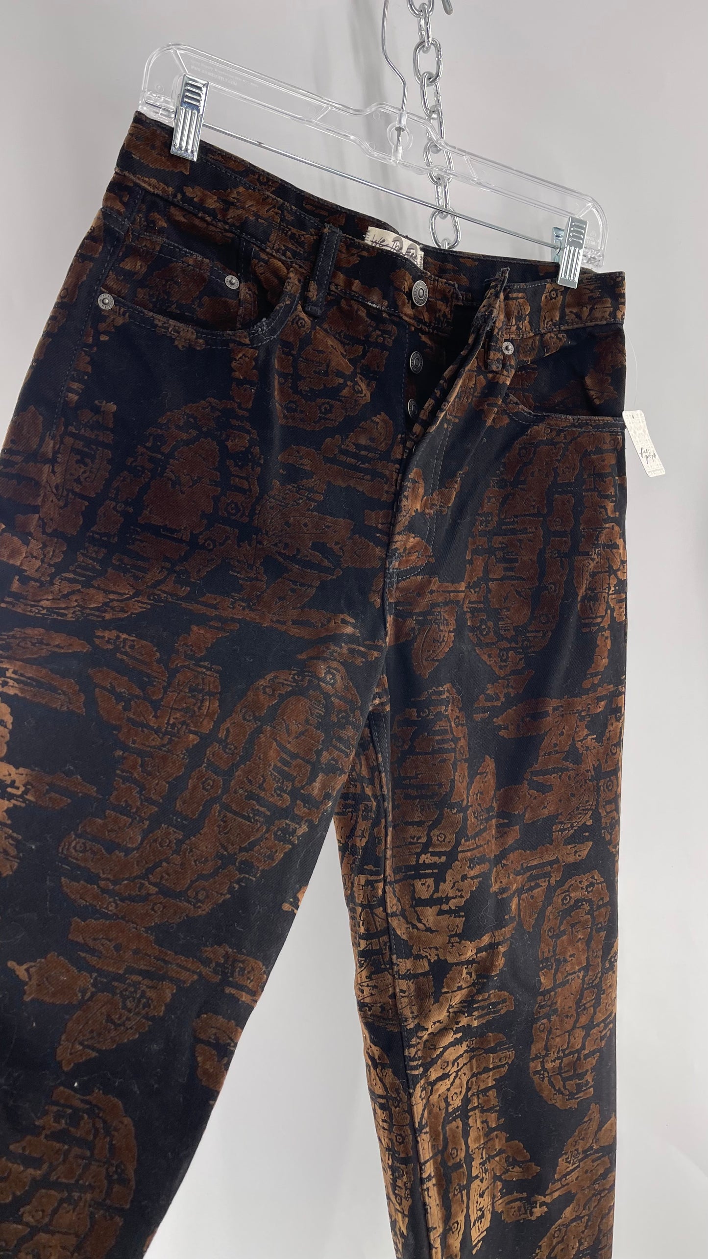 Free People Black/Brown Velvet Texture Graphic Straight Legs with Raw Edge Hem and Tags Attached (28)