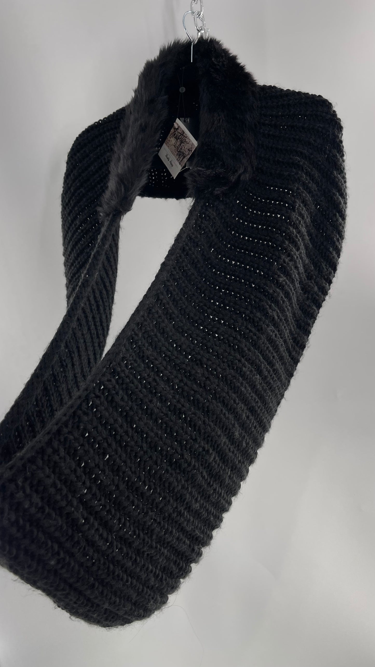 Comma Black Knit Infinity Scarf with Fur Trim Collar and Tags Attached