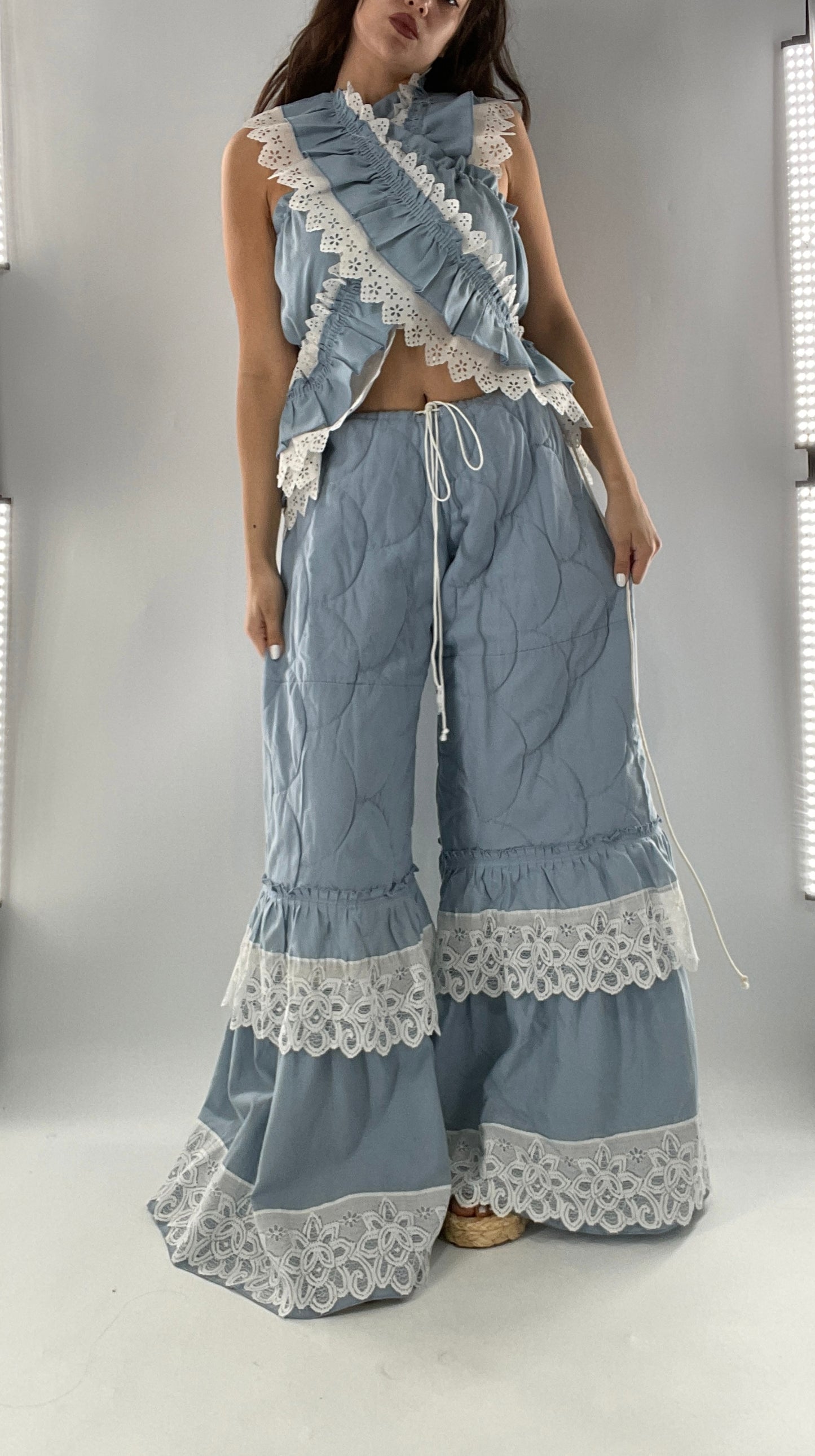 Vintage 2 Piece Powder Blue Set Featuring 2Way Blouse and Quilted Trousers Covered in Ruffles, Lace and Trim (One Size)