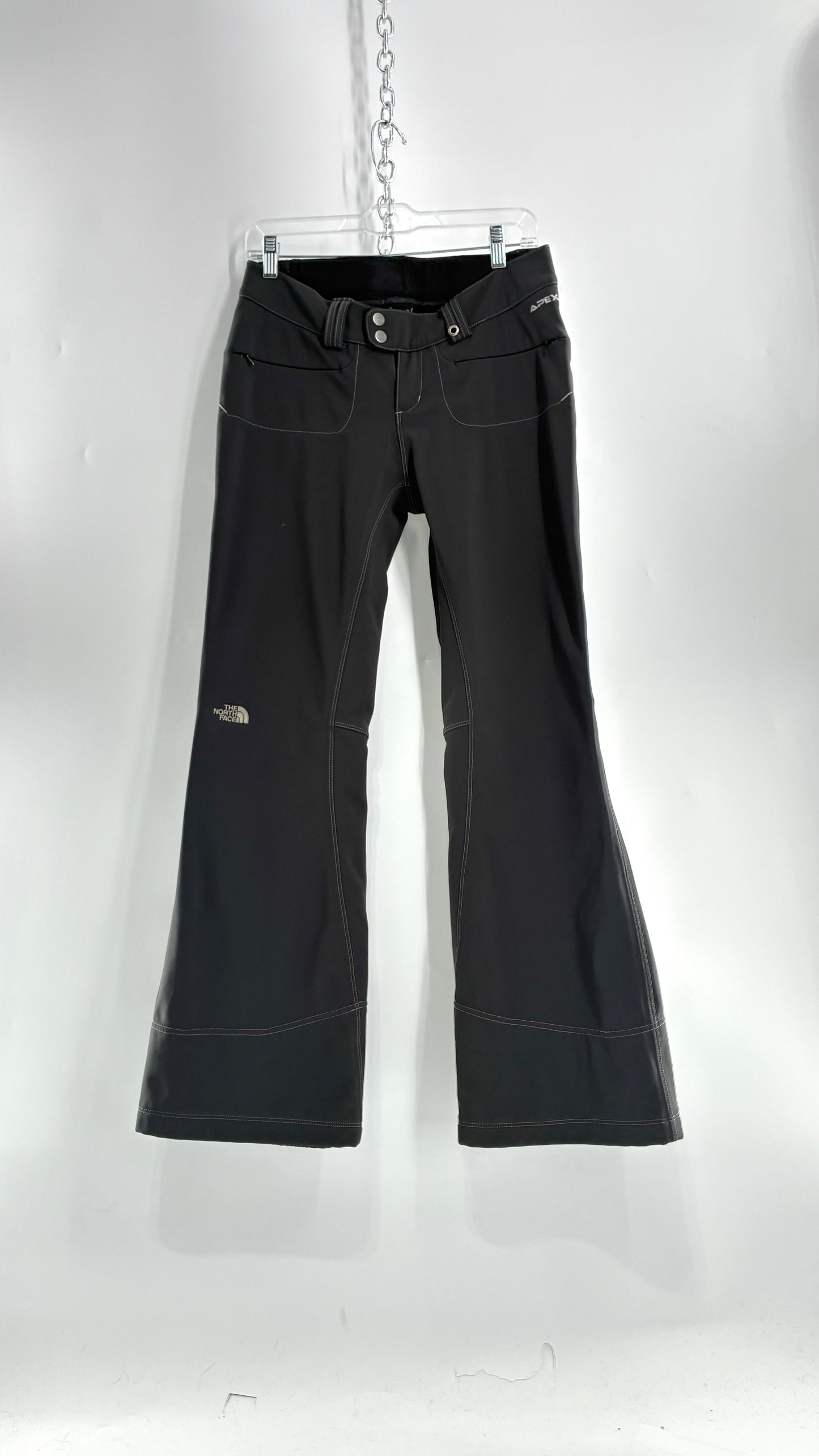 Vintage North Face Dark Gray, Low Rise, Kick Flare Pants with Contrast Stitching, Side Closure and Oversized Bum Pockets (Small)