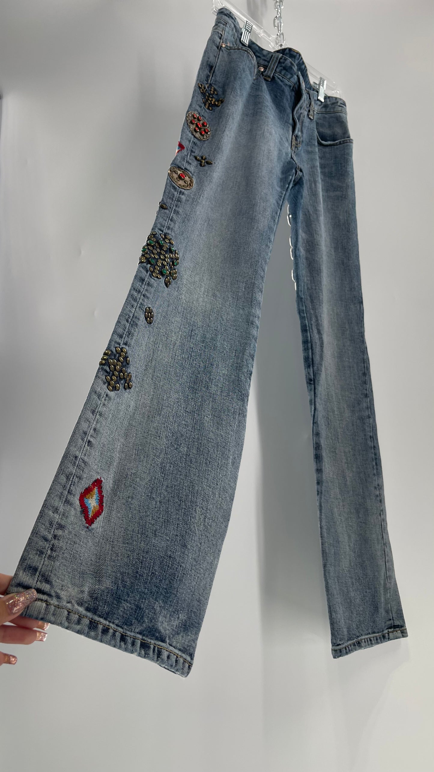 Western Denim Bank Light Wash Straight Legs with Gold/Bronze Metal Studs and Jewels (29)