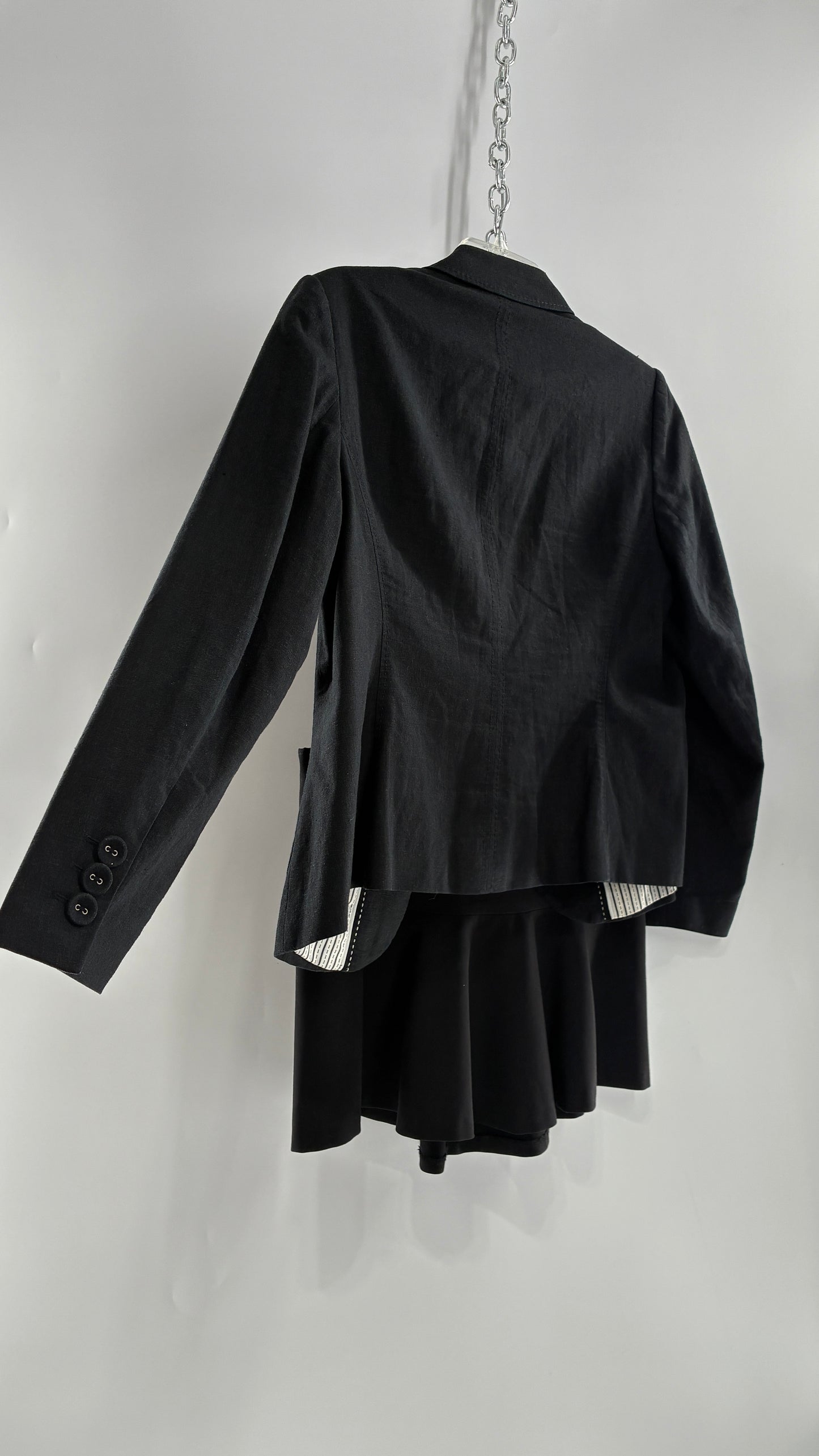 Vintage MARKS & SPENCER Suit Set with Black Linen Blend Blazer and Upcycled Mini Skirt with Corset Backing (14/M)