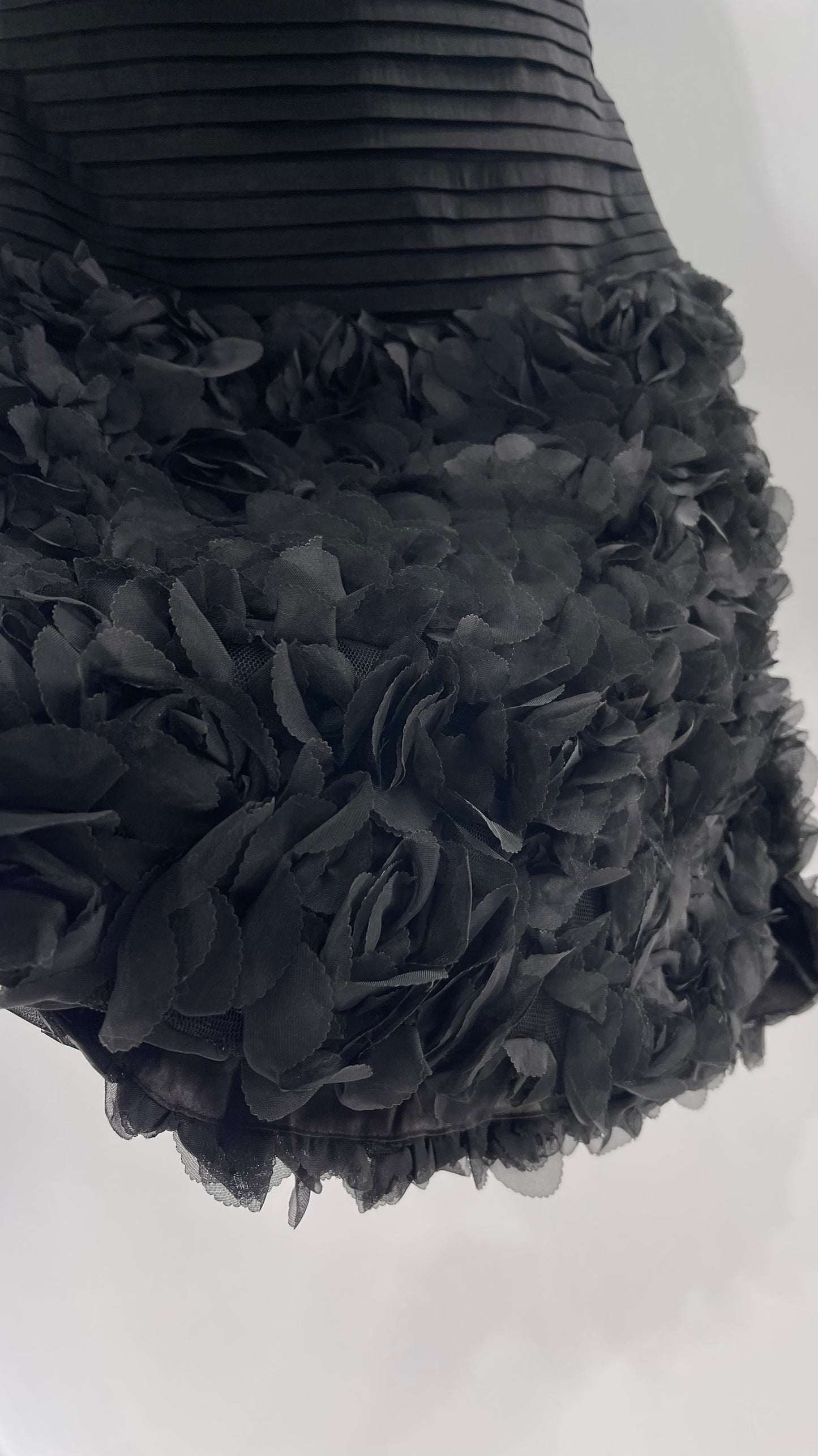 C.O:GWBG Black Dress with Pleated Bodice, Floral Ruffled Skirt and Bedazzled Bustline (S/M)