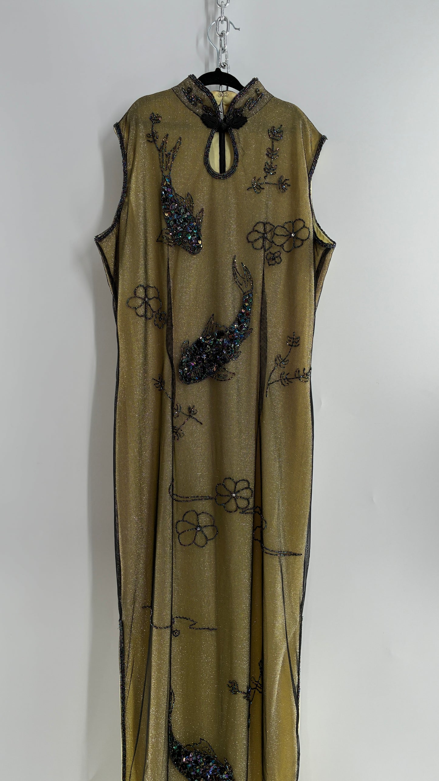 Vintage 1990s One of a Kind Handmade, Green Gown with Beaded Koi Fish, Metallic Tulle Overlay, and Symmetric Back (Medium)