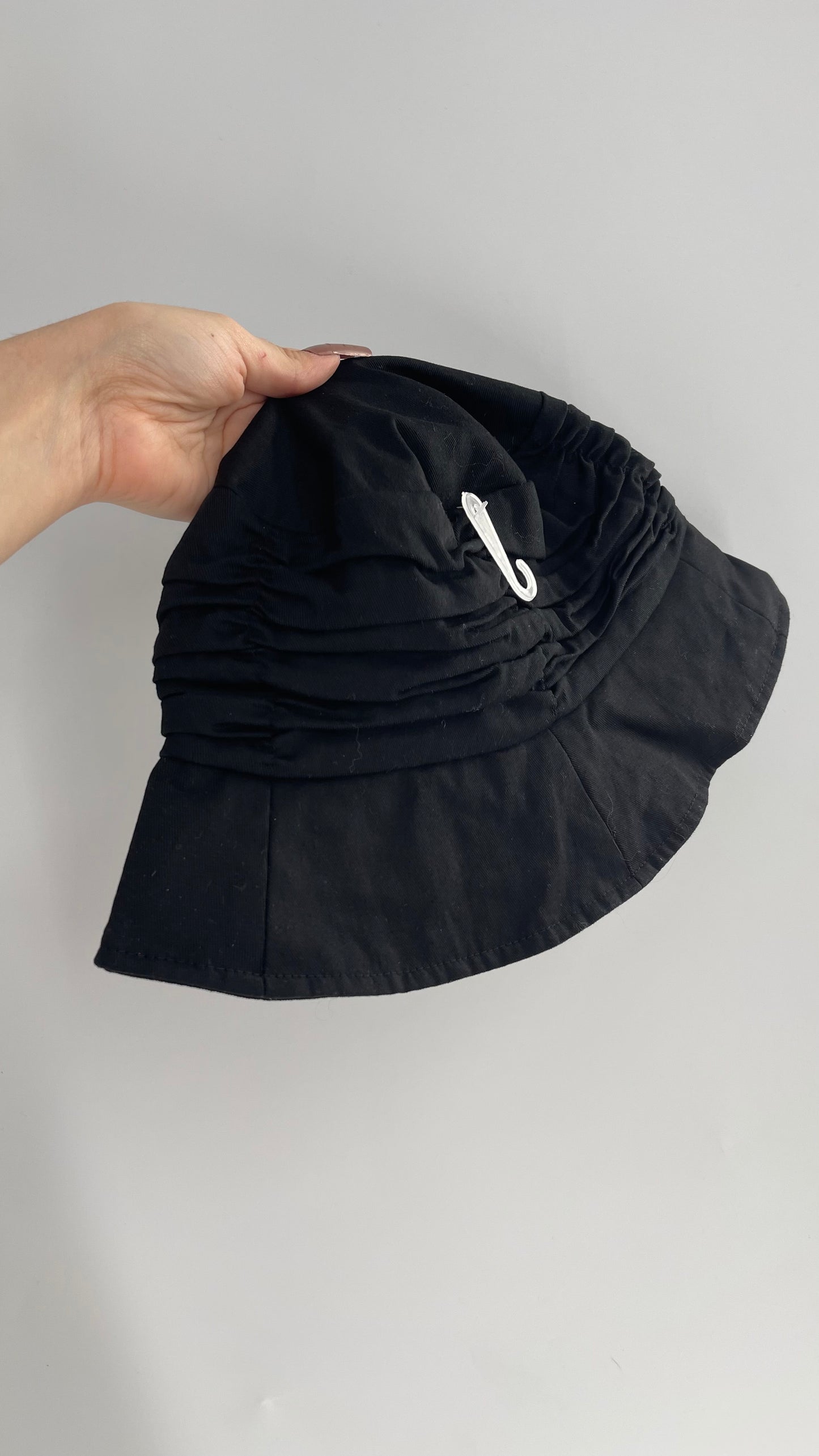 Black Pleated Sunhat with Rosette Detail